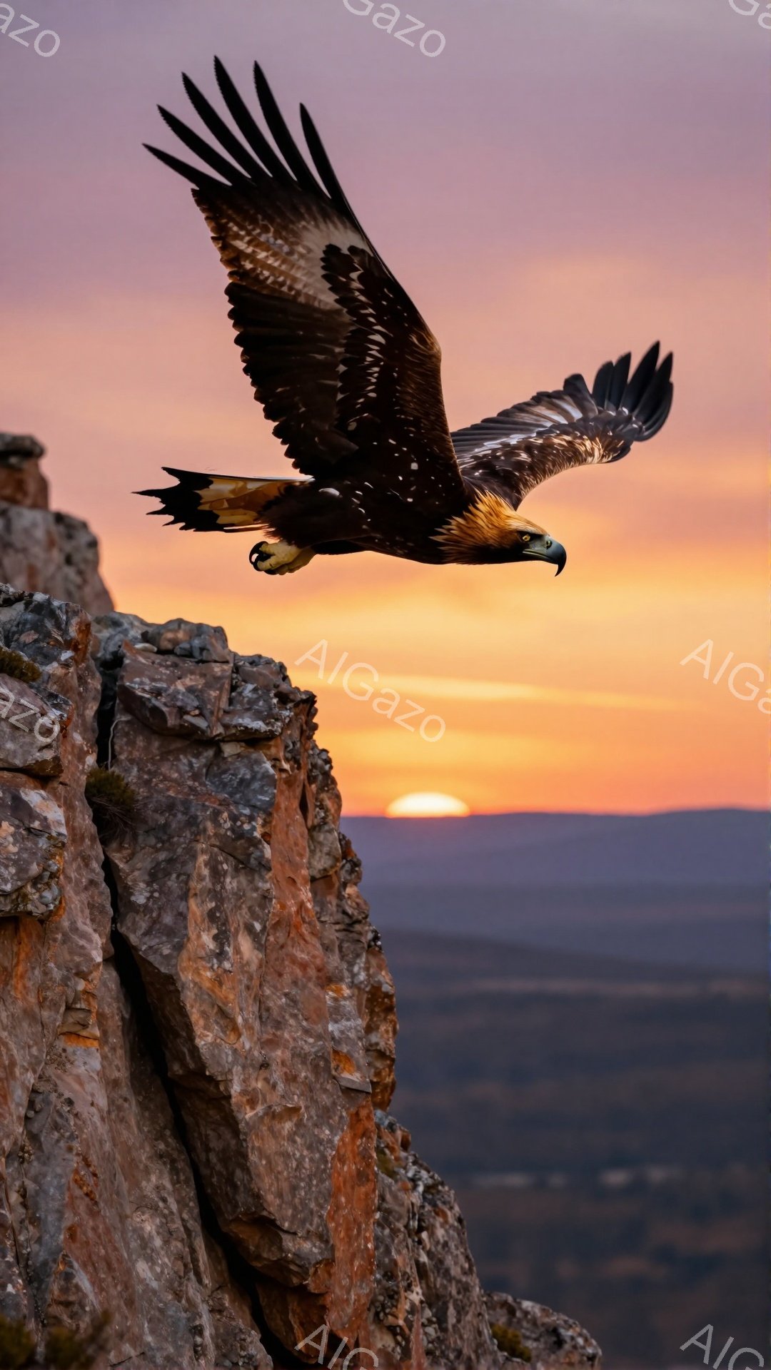 険しい岩場から翼を広げ飛び立つワシが捉えられています。夕焼けに染まる空と大地が背景に広がり、力強く美しい瞬間を印象付けています。夕暮れ時の穏やかさとワシの自由な姿が、見る人に希望と感動を与えます。
