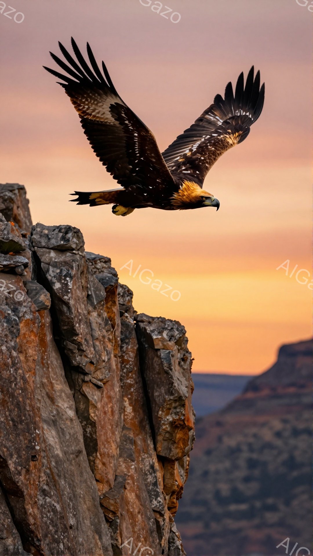岩だらけの崖の上を、翼を広げた巨大な猛禽類が飛んでいる。夕焼け空が背景に広がり、鮮やかなオレンジ色と茶色が混ざり合い、ドラマチックな光景を作り出している。鳥の力強い翼と険しい地形が、自然の力強さを強調している。