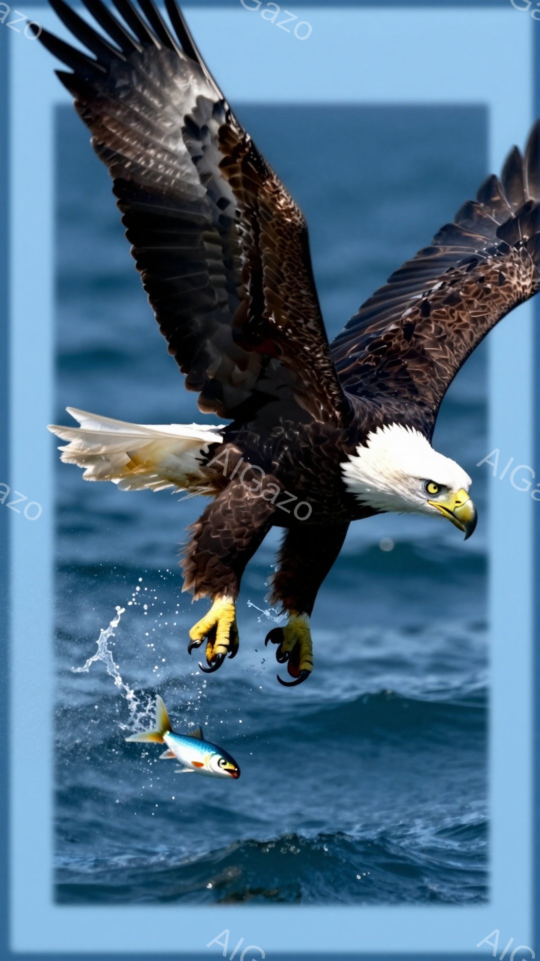 アメリカハゲワシが獲物を求めて急降下している。鋭い爪で鮭を捉え、海面近くで力強く飛んでいる姿は、野生の力強さを象徴している。背景の海は荒々しく、ダイナミックな瞬間を捉えている。