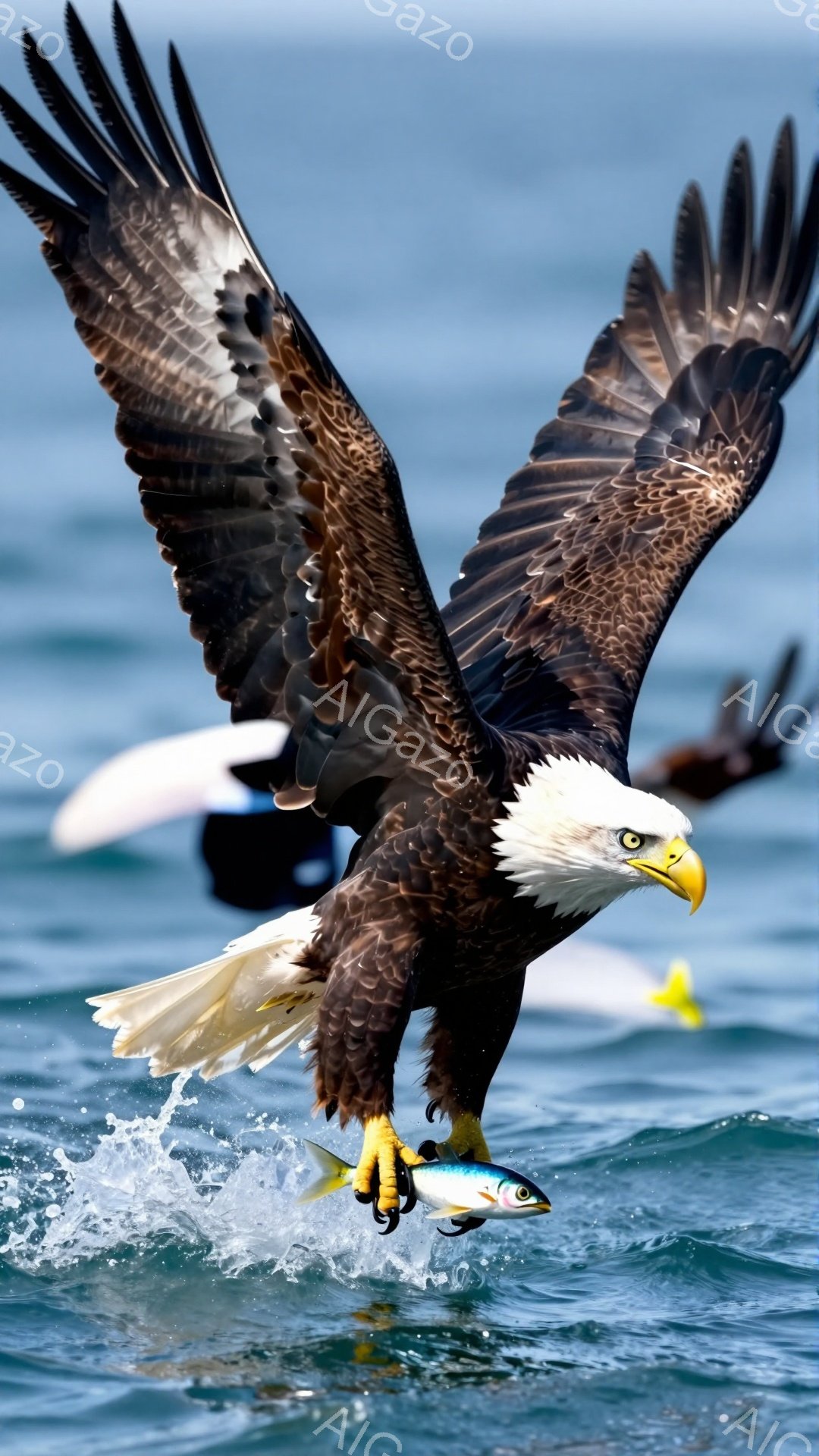 ハクトウワシが獲物を掴んで空を飛んでいる様子が捉えられています。鮮やかな青い海を背景に、翼を大きく広げた姿は力強く、自然の躍動感を感じさせます。水しぶきが舞い上がり、その瞬間をドラマチックに演出しています。