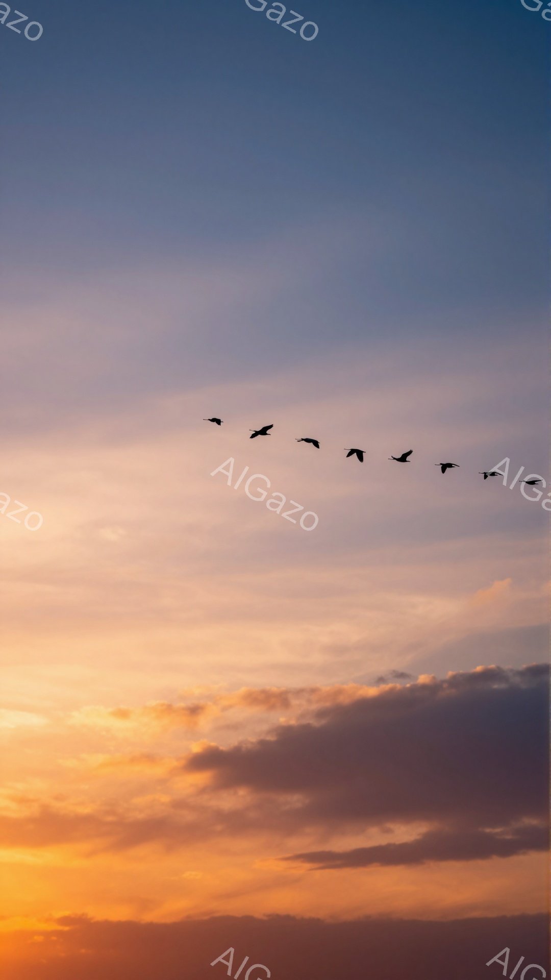 夕焼け空を鳥たちが横一列に飛んでいる。空の色はオレンジ色から紫色へとグラデーションになっており、静かで穏やかな雰囲気が漂っている。雲の形も美しく、自然の壮大さを感じさせる。