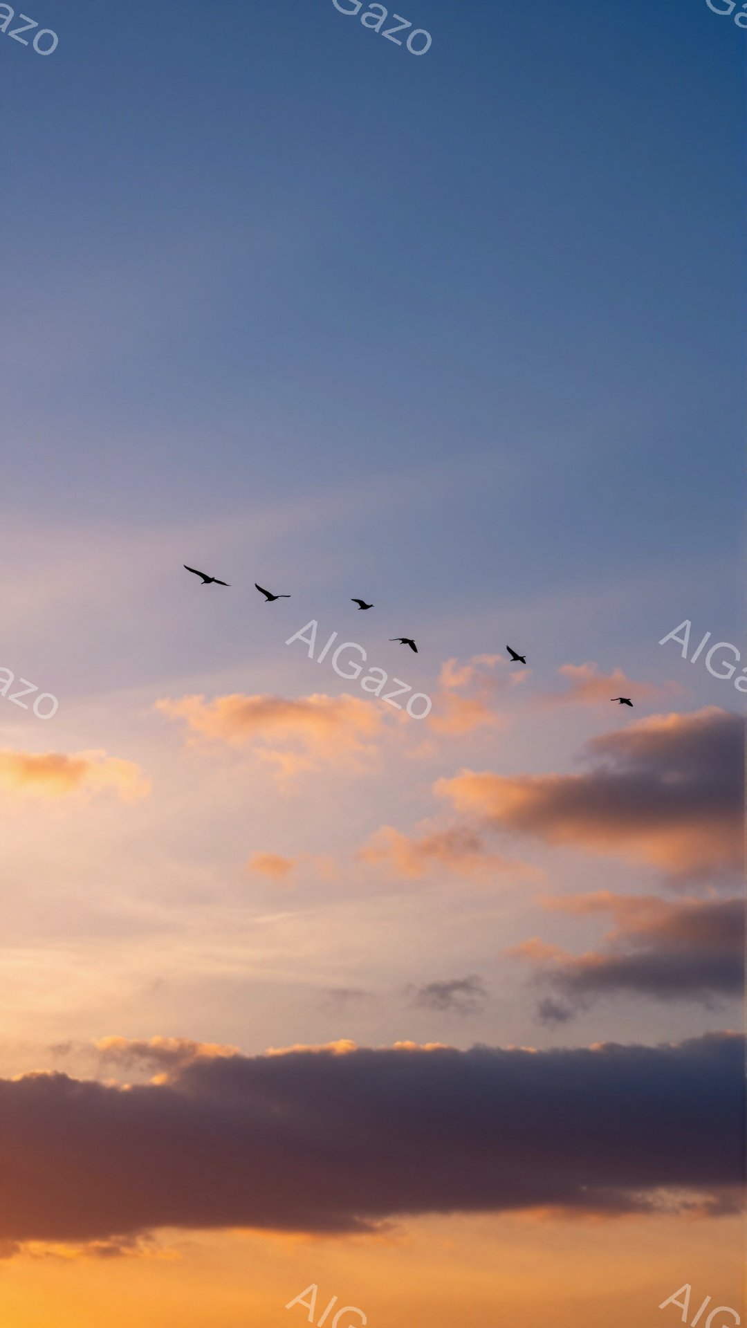 空にはオレンジと紫色の雲が広がり、鳥たちが隊列をなして飛んでいる。夕焼け空が美しく、穏やかな雰囲気を醸し出している。空の色は穏やかで、平和な気持ちになる。
