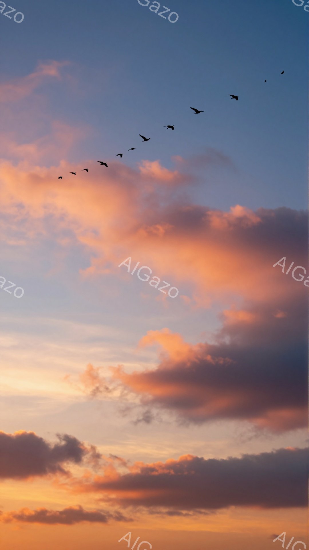 夕焼け空をV字型に飛ぶ鳥たちの群れが印象的だ。空はオレンジやピンク、紫色のグラデーションで美しく、穏やかな雰囲気が漂う。雲の形もまた、この光景にドラマチックなアクセントを加えている。