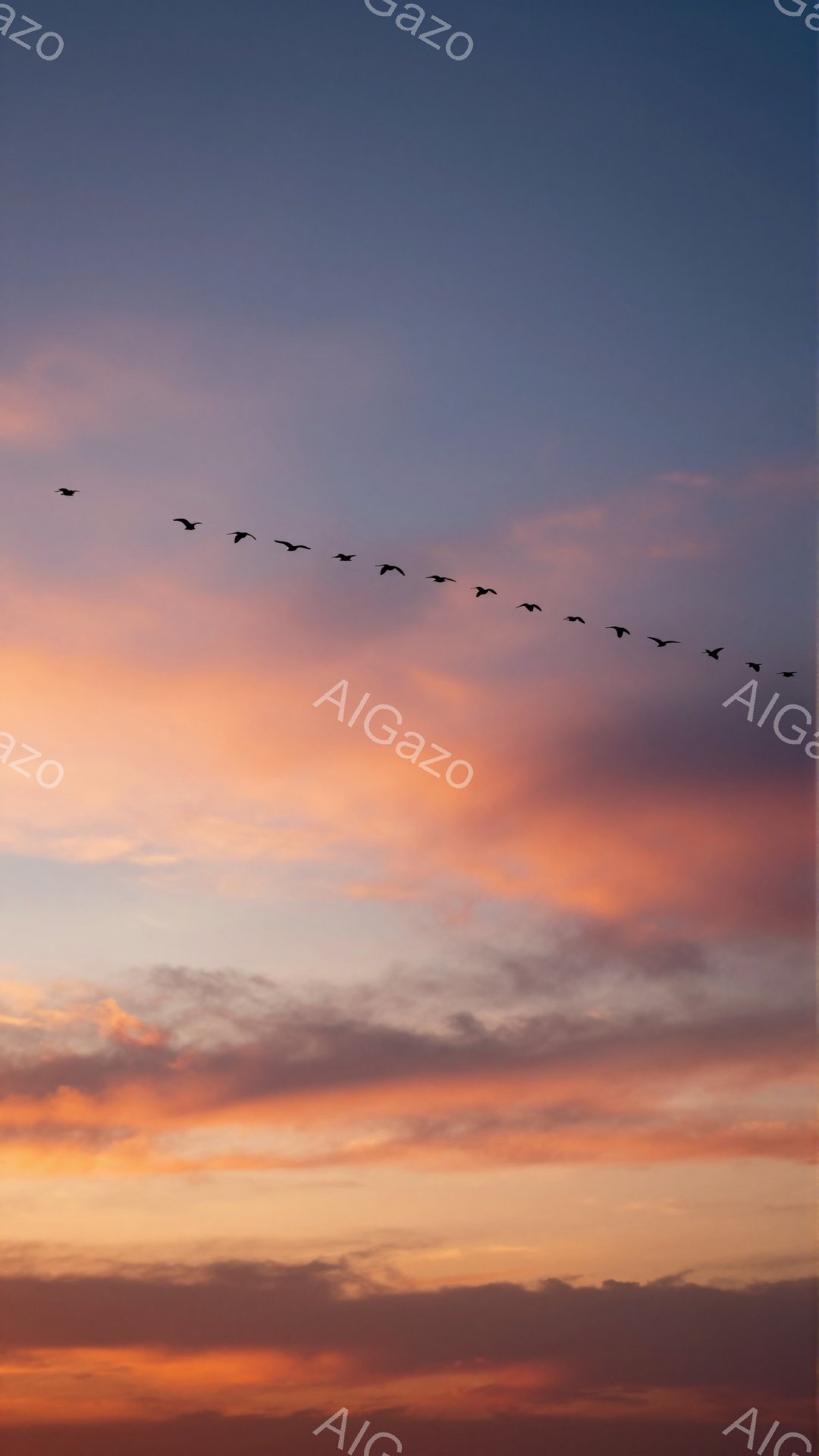 夕焼け空をV字型に飛ぶ鳥たちの群れが印象的な風景です。空はオレンジ色と紫色のグラデーションで、まるで絵画のようです。静かで穏やかな雰囲気を感じさせます。