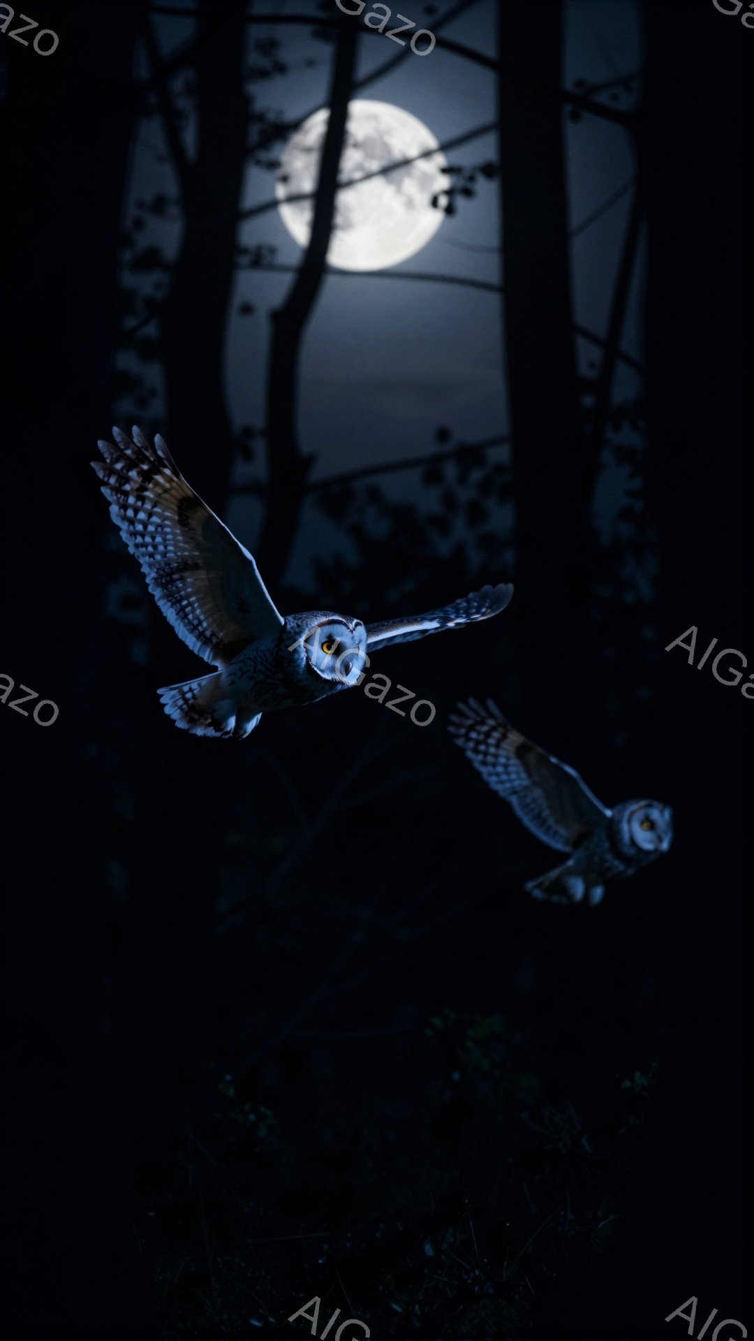 深夜の森の中で、大きなフクロウが月明かりの下を舞っている。その羽は大きく広げられ、まるで夜の闇を切り裂くように見える。木々のシルエットが背景に浮かび、幻想的な雰囲気を醸し出している。