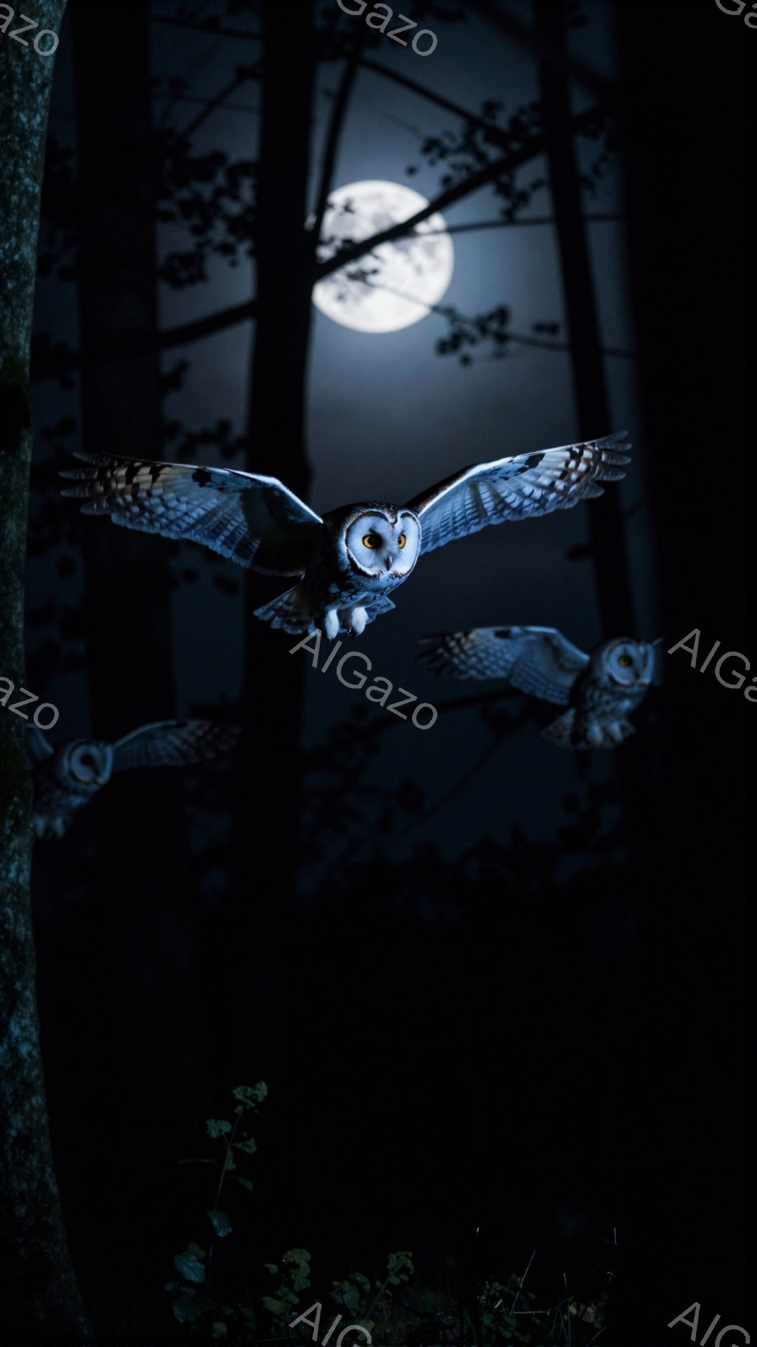 暗い森の中で、一羽のフクロウが月明かりの下を舞っている。その翼は広げられ、鋭い視線は何かを探しているようだ。背景の月はぼんやりと光り、神秘的な雰囲気を醸し出している。