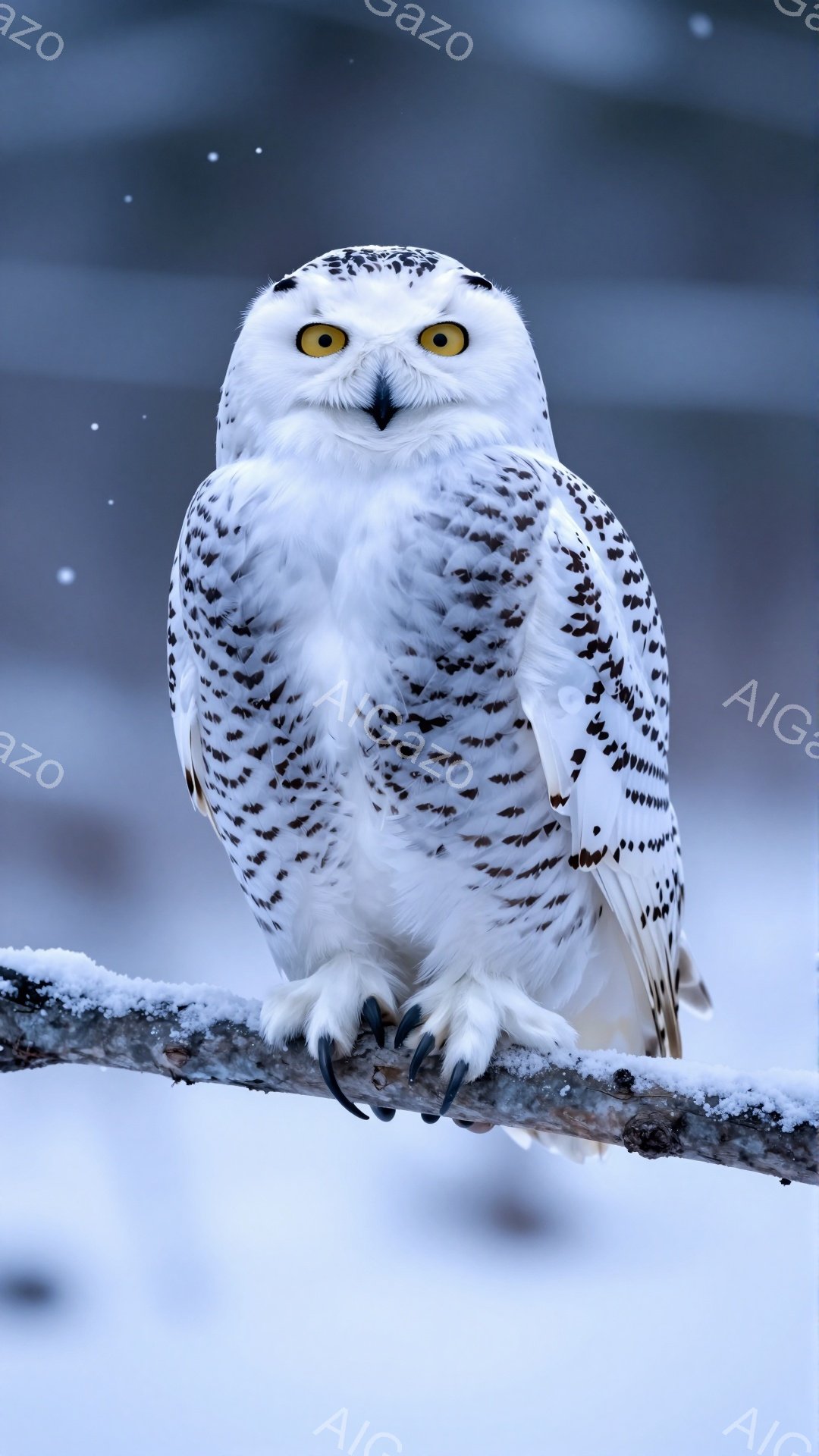 雪の中のフクロウが、木の枝にとまってこちらを見ています。白くふさふさとした羽毛は雪景色によく映え、鋭い眼差しが印象的です。冬の静寂が感じられる美しい瞬間が捉えられています。