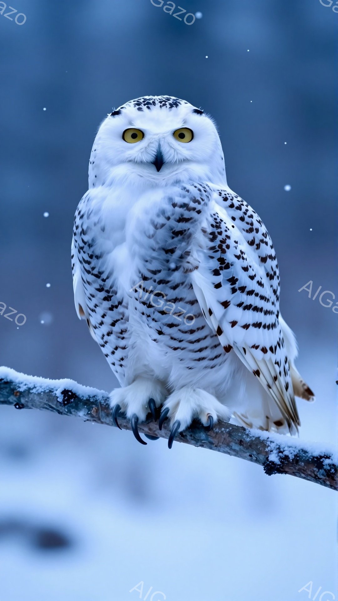 雪深い枝に白いフクロウがとまっている。フクロウは鮮やかな黄色い目を持ち、鋭い爪でしっかりと枝をつかんでいる。雪が舞い散る冬の静かな森の風景が広がっている。