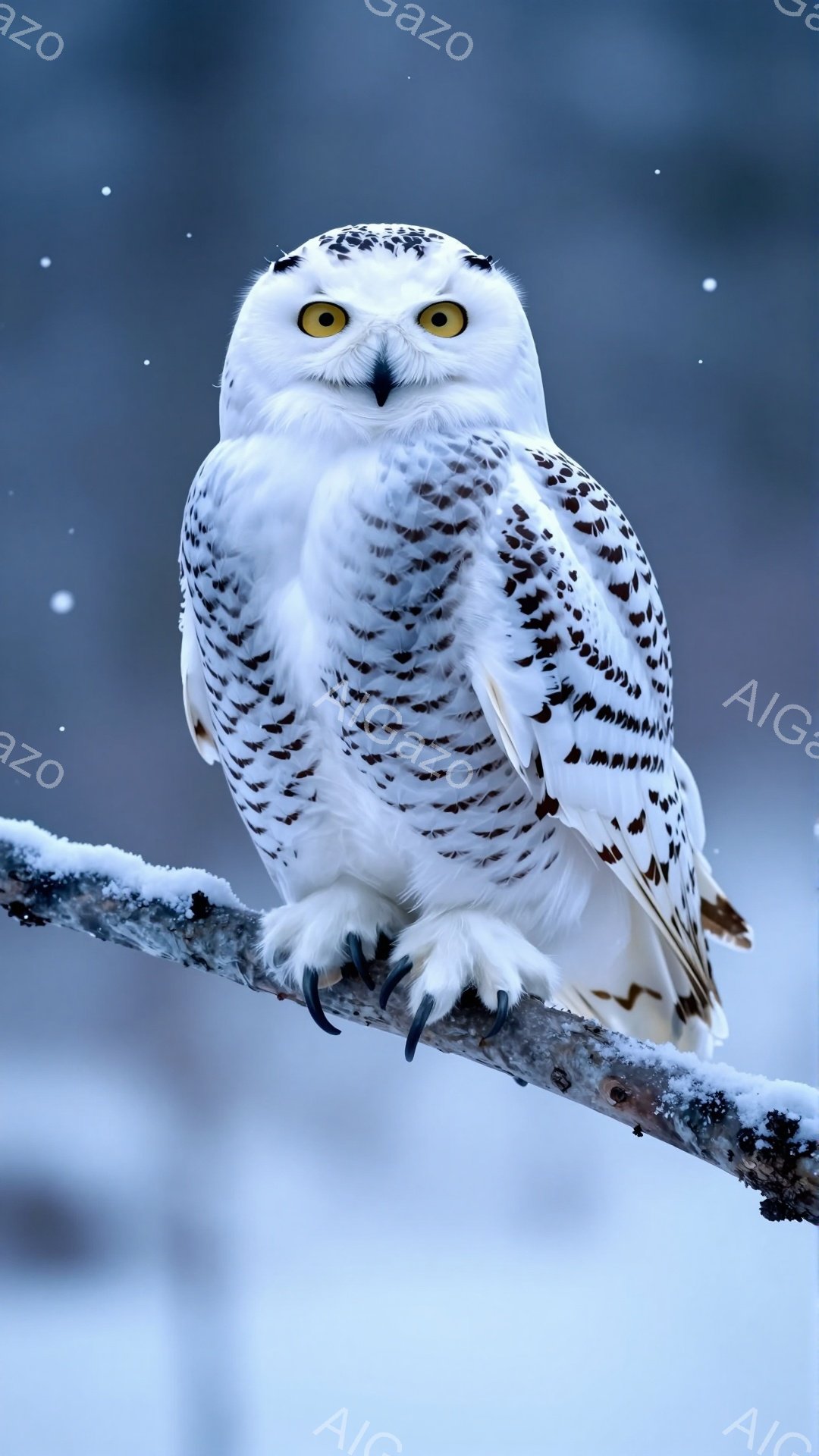 白い雪フクロウが雪の積もった木の枝にとまっており、鋭い黄色い目で見つめている。背景はぼやけた冬景色で、雪が舞っている。鳥の白い羽は雪景色によく映え、静寂な冬の雰囲気を醸し出している。