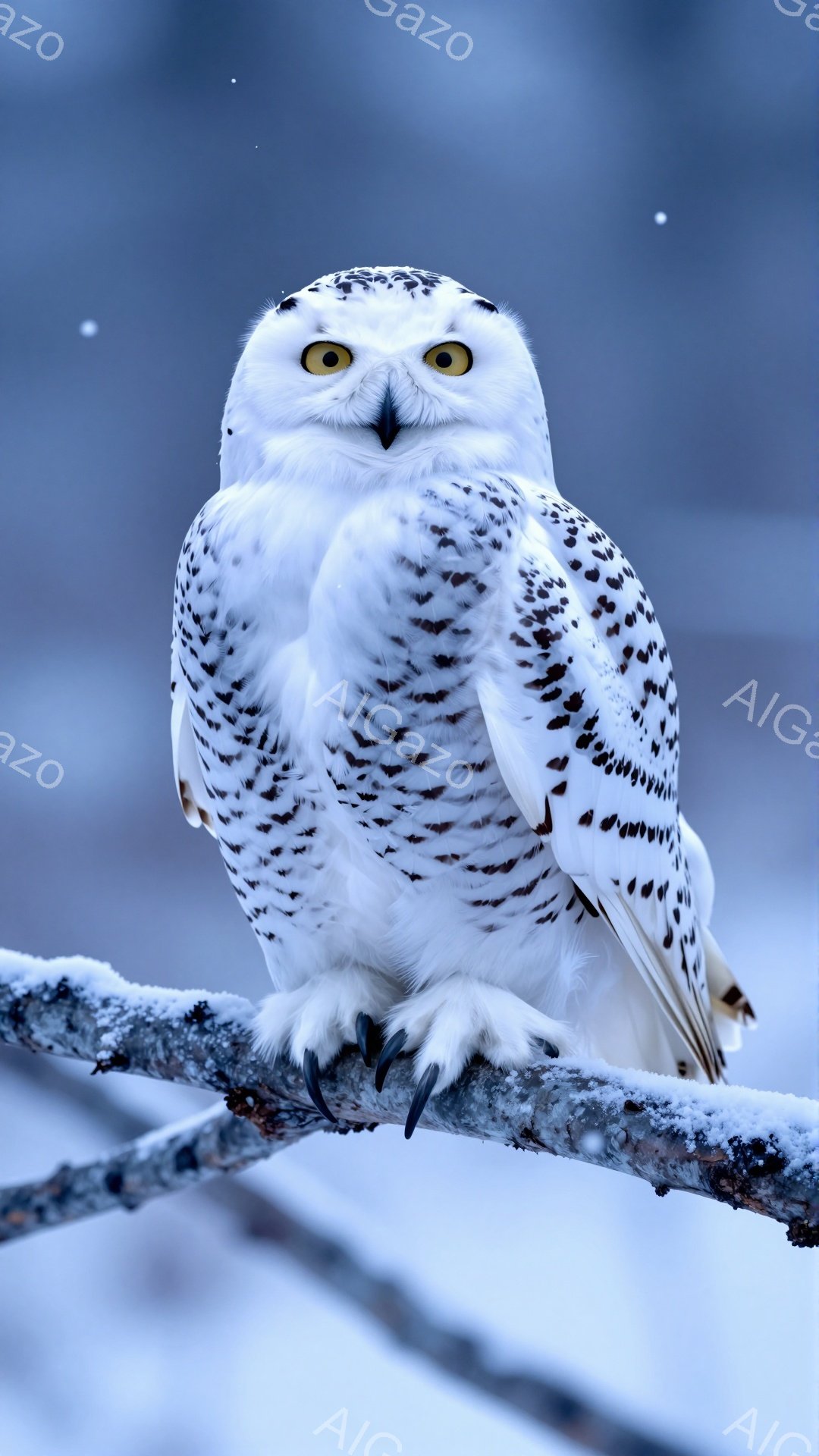 雪深い枝にとまるフクロウが描かれている。白い羽毛は雪景色によく映え、鋭い眼差しは力強さを感じさせる。寒々とした冬の風景の中に、凛とした美しさを放つ一羽の鳥が静かに佇んでいる。