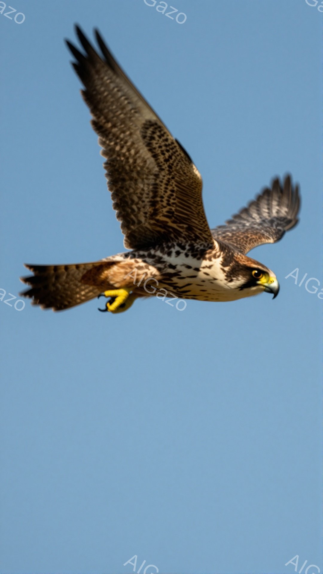 空を飛ぶ猛禽類が捉えられている。鮮やかな青空を背景に、茶色と白のコントラストが美しい。翼を広げ、力強く飛翔する姿は、自由と力強さを感じさせる。
