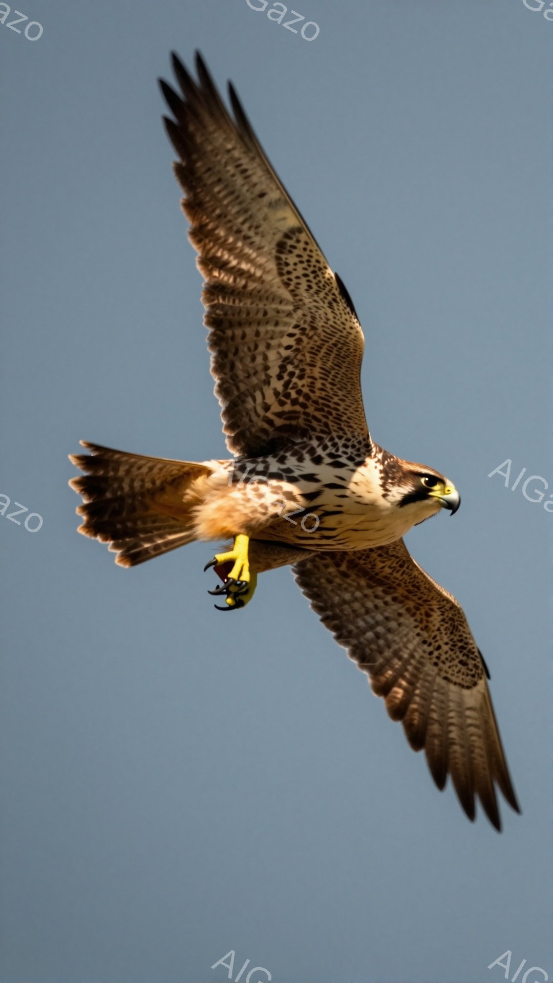 鮮やかな青空を背景に、猛禽類の一種であるハヤブサが翼を広げて飛翔している。その鋭い爪と、風を切るように流れる美しい羽毛が印象的だ。力強く、そして優雅な姿は、自然の力強さを感じさせる。 - AI生成フリー素材