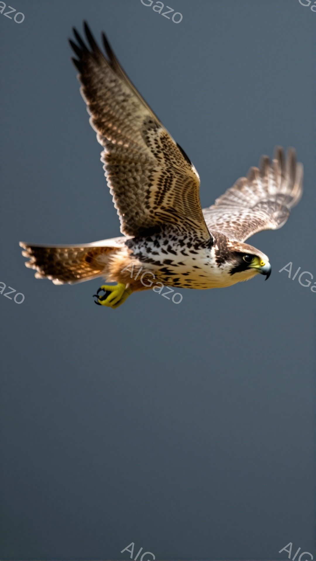鮮やかなハヤブサが青空を力強く舞っている。翼の模様が美しく、獲物を狙う鋭い眼光が印象的だ。背景はぼやけており、ハヤブサの躍動感を際立たせている。
