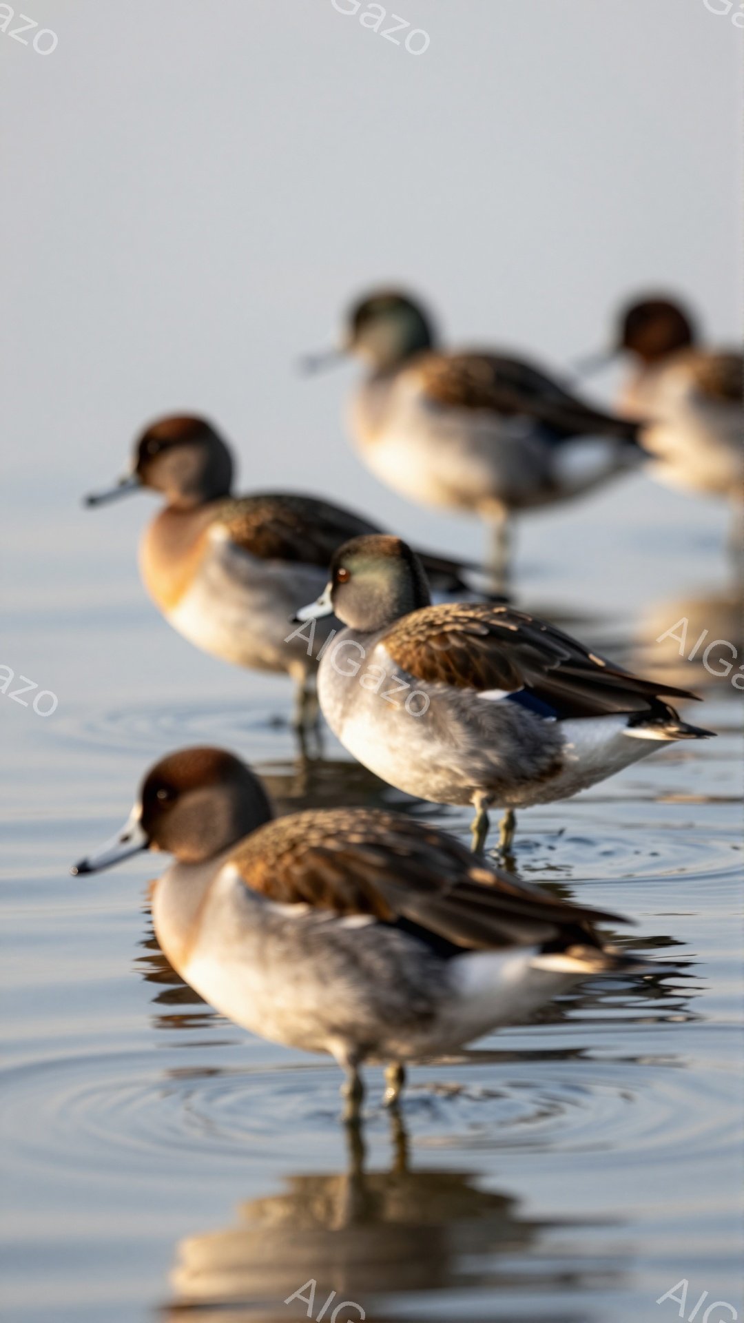 水面に浮かぶ鴨たちが連なる様子が捉えられています。穏やかな水面には鴨の足跡と波紋が広がり、静寂な雰囲気を醸し出しています。羽の色は灰色や茶色、そして鮮やかな青色が美しく、水面とのコントラストが印象的です。