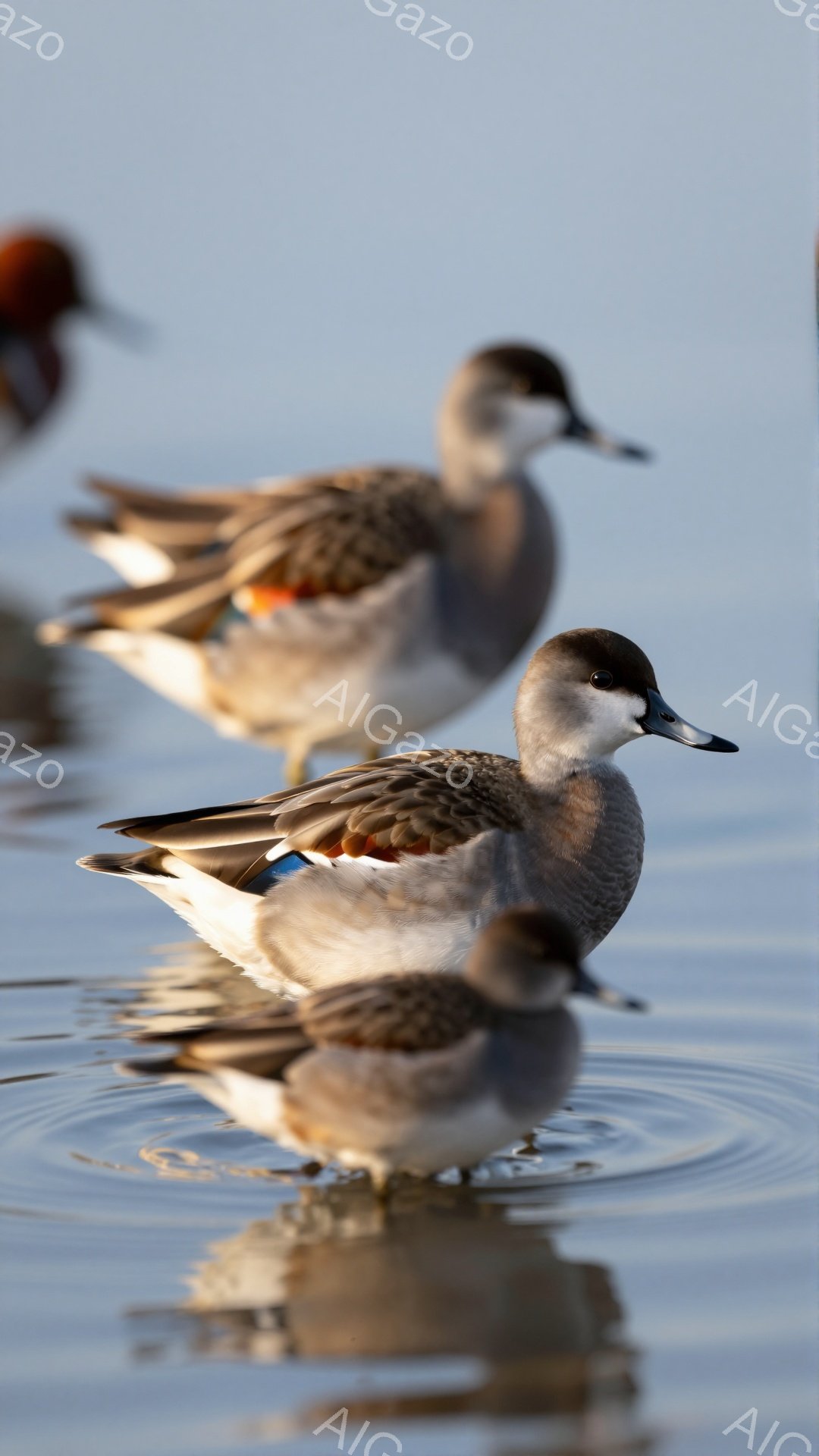 穏やかな水面を泳ぐカモの群れが描かれている。水面に映る姿は鮮明で、羽の色や模様がはっきりと見える。光の反射が水面をキラキラと輝かせ、平和な雰囲気を醸し出している。