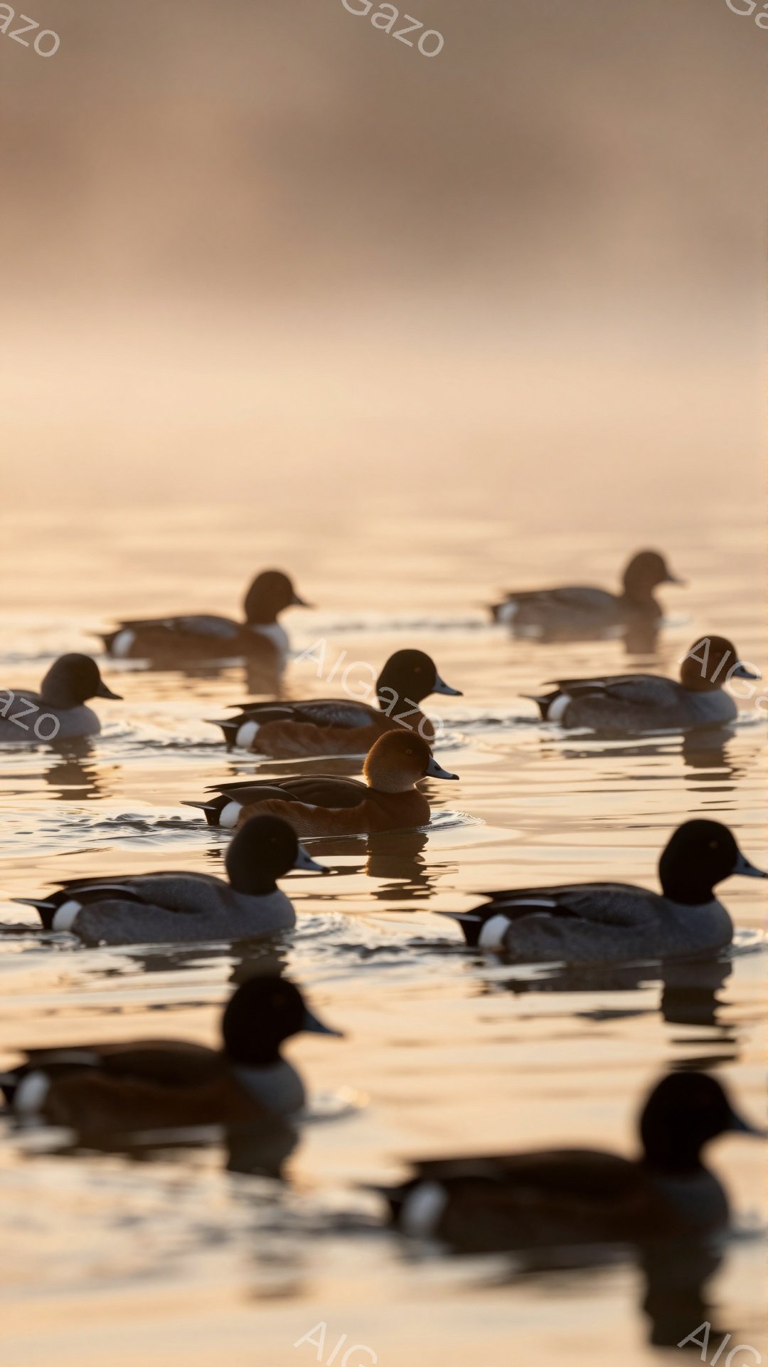 穏やかな水面にマガモたちが浮かんでいる。夕焼けの光が水面を照らし、水鳥たちのシルエットを黄金色に染め上げている。静かで平和な雰囲気が漂う美しい風景だ。