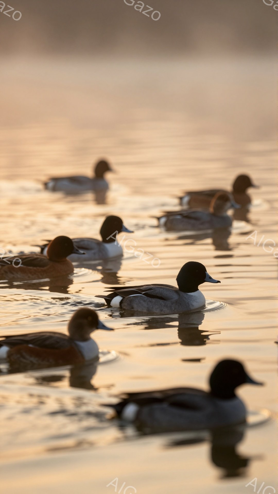 夕暮れ時の水面にカモたちが浮かんでいます。オレンジ色の光が水面を照らし、カモたちのシルエットを美しく際立たせています。穏やかな雰囲気で、リラックスした時間が流れているように感じられます。