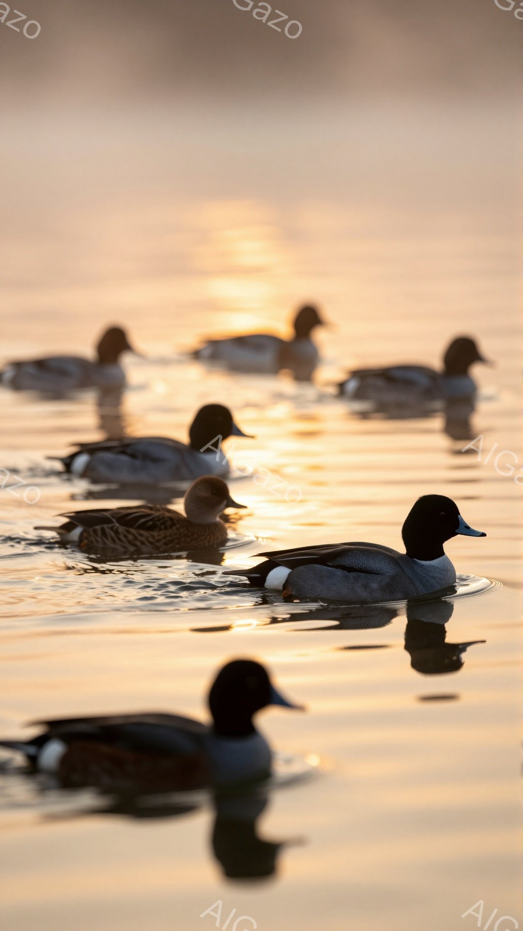 穏やかな水面にカモたちが浮かび、夕焼けが水面を金色に染めている。カモたちは一列に並んでおり、静かで平和な雰囲気が漂っている。水面の反射が美しく、幻想的な光景を作り出している。