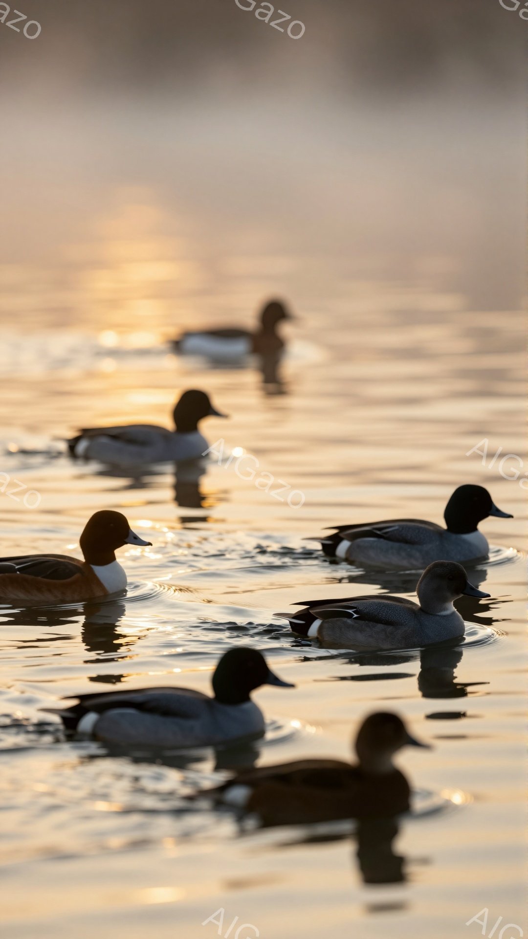 穏やかな水面に鴨が浮かび、夕日の光を浴びています。水面はオレンジ色に染まり、静かで平和な雰囲気が漂っています。鴨たちはリラックスした様子で水面を漂い、自然の美しさを際立たせています。