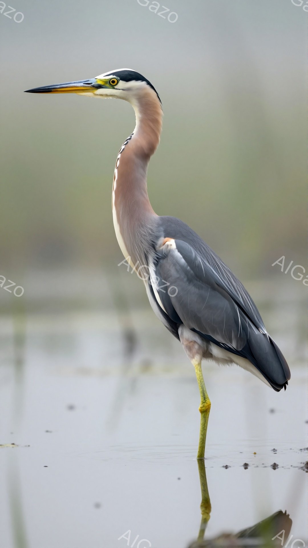 鮮やかな黄色い嘴と足を持つサギが、水面に映る姿を捉えた写真です。穏やかな水面と背景のぼかしが、静かで落ち着いた雰囲気を醸し出しています。羽毛の色合いが美しく、自然の優雅さが感じられます。