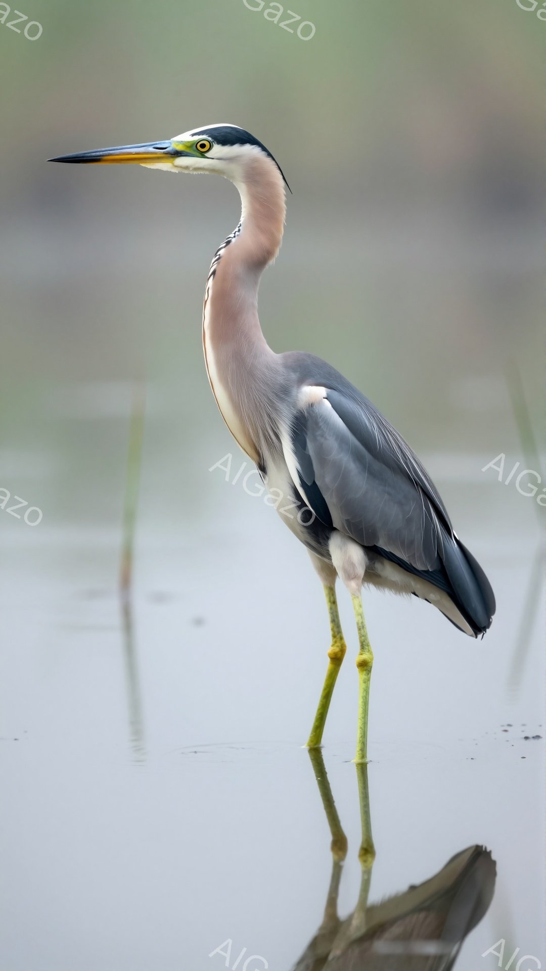 アマサギが水面に映る姿を捉えた写真です。薄緑色の背景と水面の反射が、穏やかな雰囲気を醸し出しています。鳥の優雅な姿勢と鮮やかな黄色い足が印象的です。