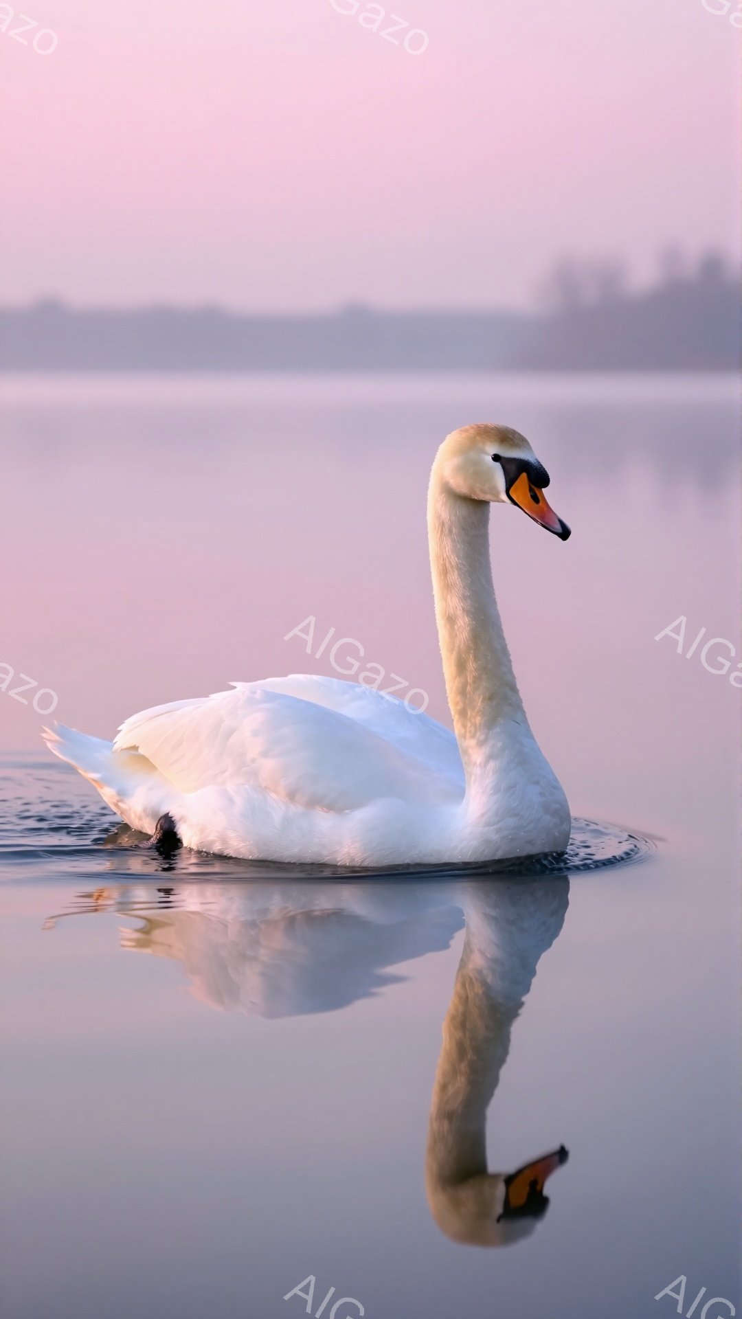 白鳥が穏やかな水面を優雅に泳いでいる。朝焼けの柔らかな光が水面に反射し、幻想的な雰囲気を醸し出している。水鳥の姿は、静けさと平和の象徴のように見える。