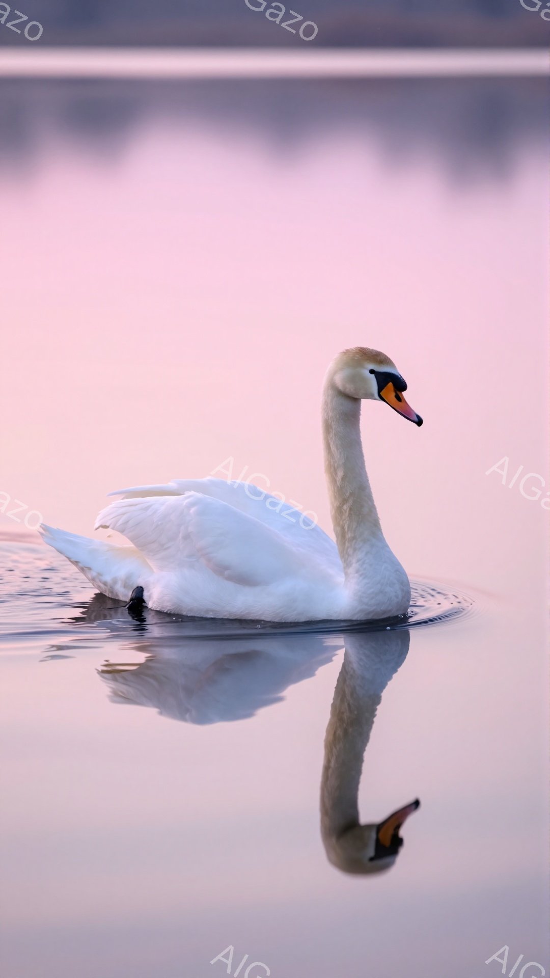 白い鳥、おそらく白鳥が水面に静かに浮かんでいる。周囲の水面はピンクと紫の色合いで染まり、穏やかで夢幻的な雰囲気を醸し出している。鳥のシルエットが水面に美しく映り込み、静けさと優雅さを感じさせる。