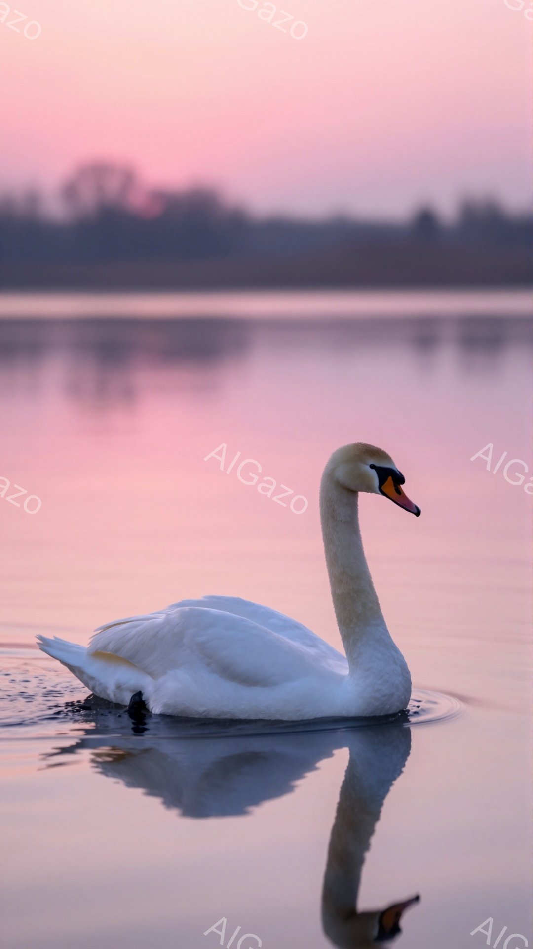 白い鳥が水面を滑るように進んでいる。穏やかな水面にその姿が美しく映り込み、空は薄桃色に染まっている。静寂と優雅さが感じられる、幻想的な風景だ。