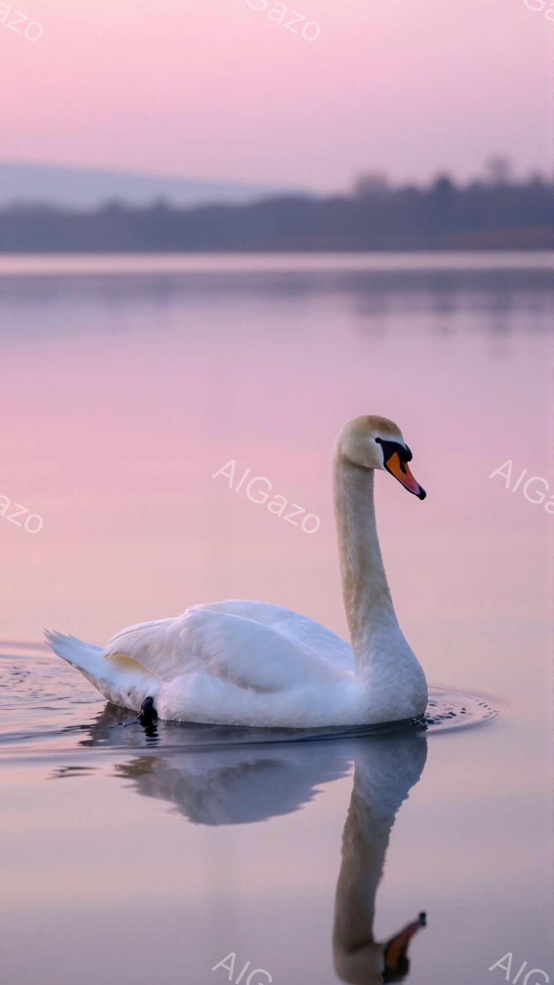 白い白鳥が水面に静かに漂っている。朝焼けの空が水面に映り込み、穏やかで美しい雰囲気を醸し出している。鳥のオレンジ色のくちばしがアクセントになっている。