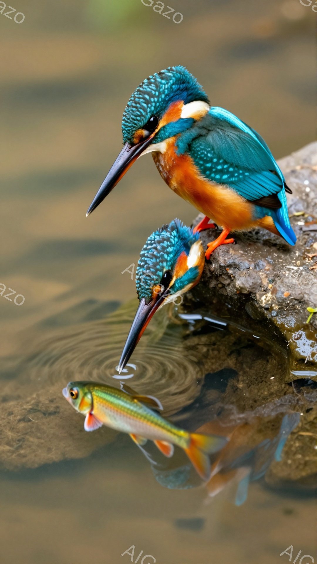 鮮やかな青とオレンジの体が美しいカワセミが、水面から飛び出したばかりの魚を捕まえようとしている。水面に映る魚とカワセミの姿が、静かで穏やかな雰囲気を醸し出している。水しぶきと背景の緑が、自然の生命力とダイナミズムを感じさせる。