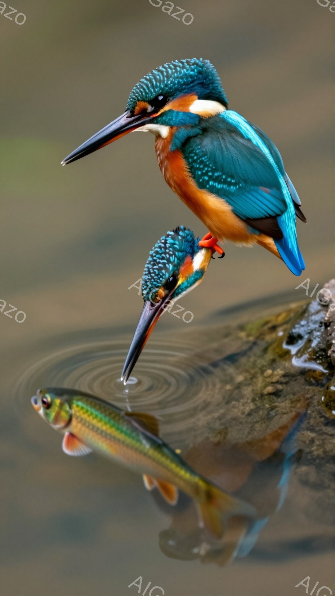 鮮やかな青とオレンジ色のカワセミが、水中の魚を捕らえようと飛び込んでいる。水面には魚とカワセミの姿が映り、水紋が広がっている。背景は緑豊かな自然で、静かで穏やかな雰囲気が漂っている。