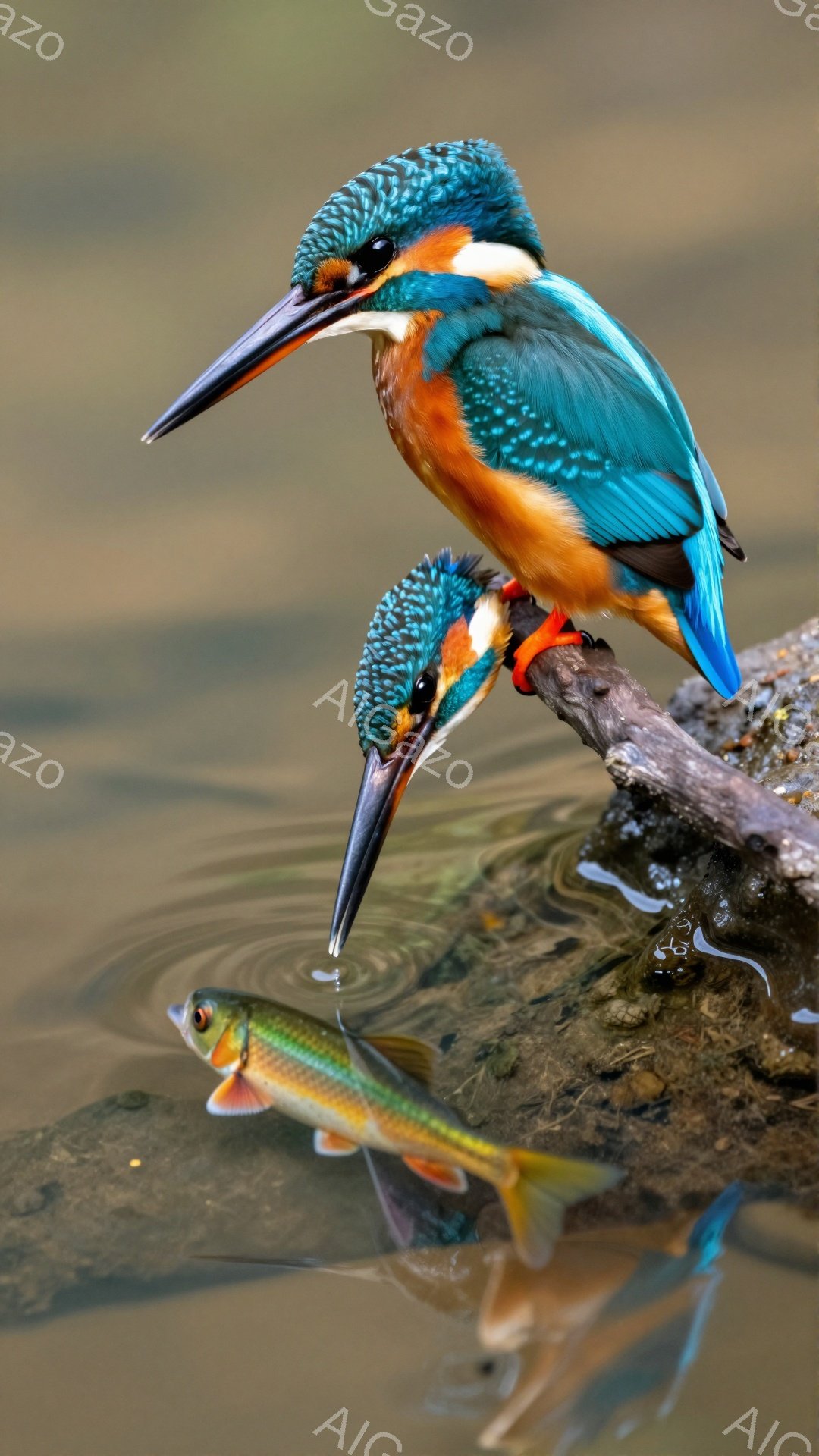 鮮やかなカワセミが木の枝にとまり、水中の魚を狙っている。水面には魚とカワセミの影が映り込み、静かで美しい雰囲気を醸し出している。緑豊かな背景と水の反射が、自然の力強さと繊細さを際立たせている。