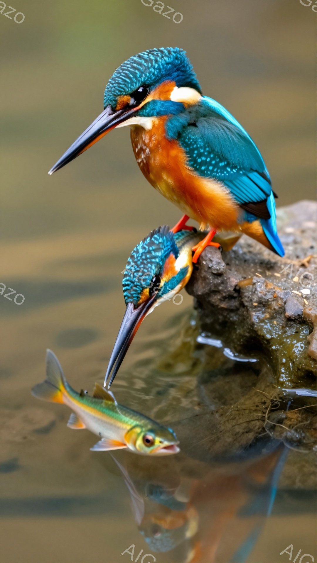 鮮やかな青とオレンジ色のカワセミが、くぐり岩の上に止まり、嘴に獲物の魚をくわえています。水面は穏やかで、魚の姿もはっきりと見え、自然の生命力と狩りの瞬間を捉えた一枚です。背景にはぼやけた緑があり、カワセミの美しい色彩が際立っています。