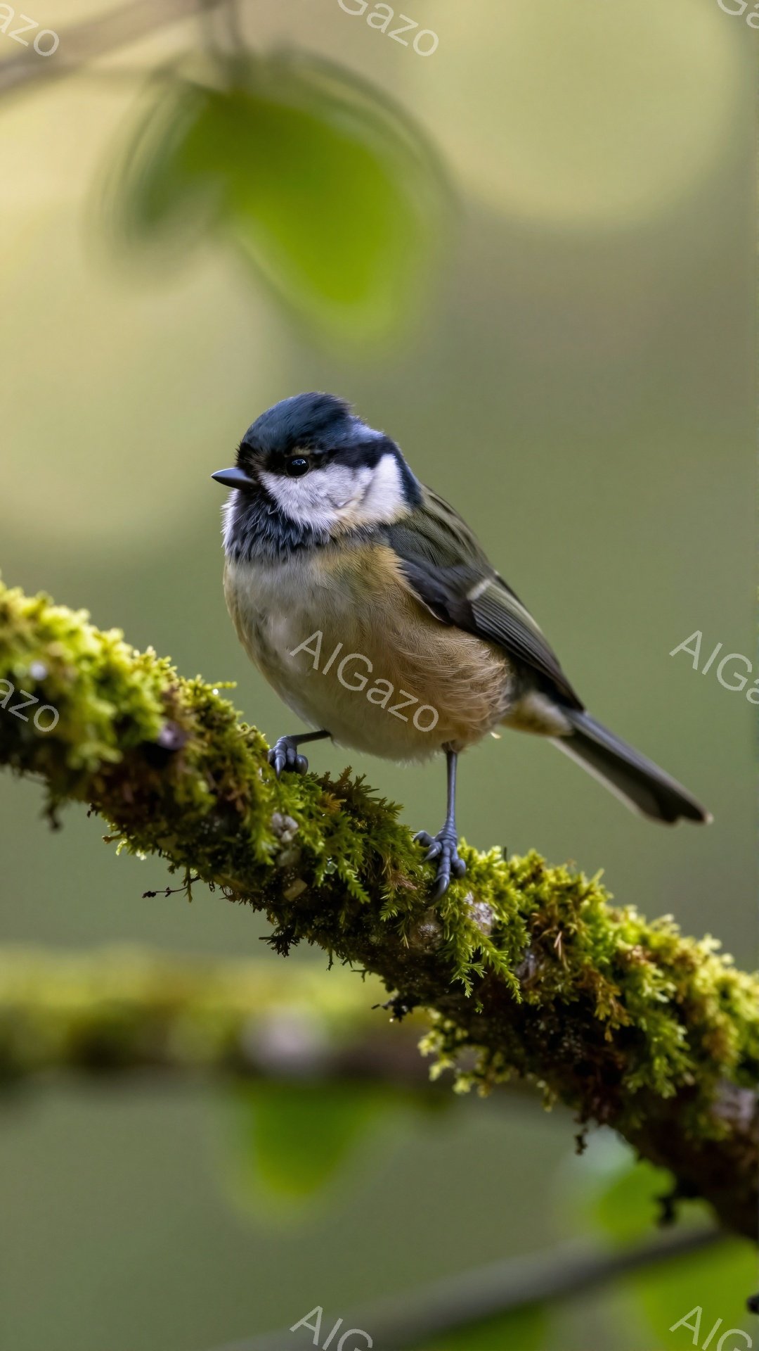 小さな鳥が緑色の苔むした枝にとまっていて、鋭い視線でこちらを見ている。背景はぼやけた緑色で、春や夏の自然の静けさが感じられる。鳥の鮮やかな羽の色と苔の緑色が美しく調和している。