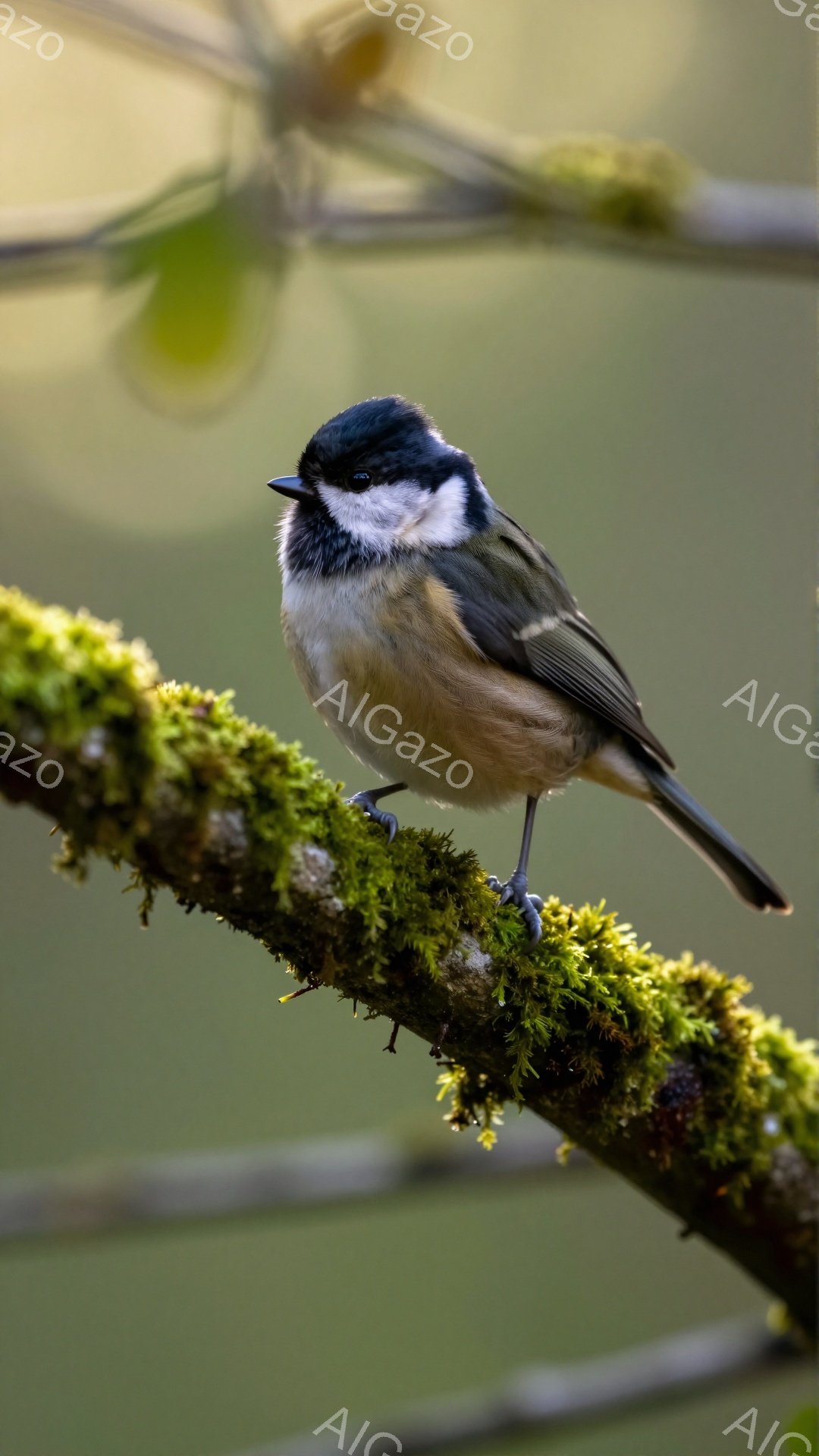 小さな鳥が緑色の苔むした枝に止まっています。その姿は丸くて可愛らしく、顔は白と黒の模様で、まるで小さなマスクをかぶっているかのようです。背景はぼやけており、穏やかで静かな雰囲気を醸し出しています。