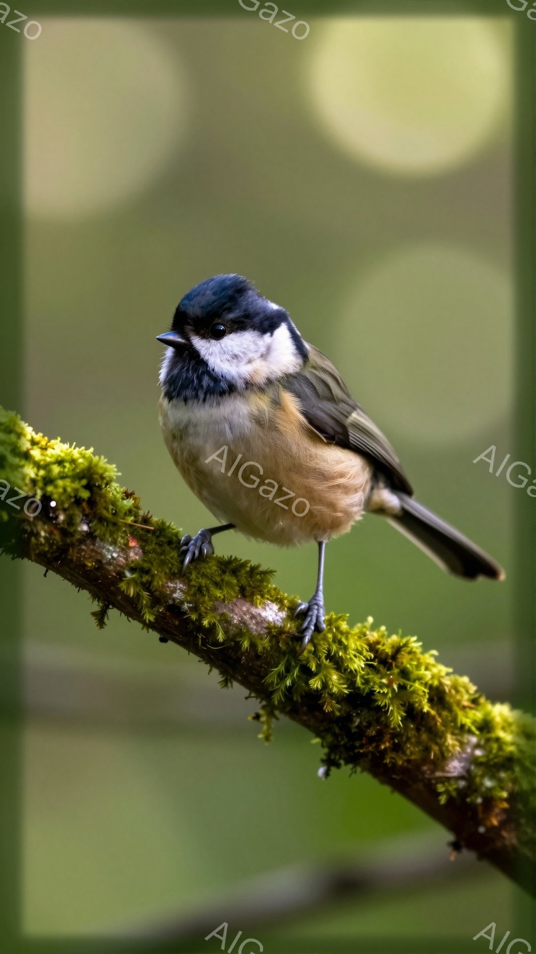 小さな鳥が緑色の苔が生えた木の枝にとまっている。つぶらな瞳が可愛らしく、茶色と黒のコントラストが美しい。背景はぼかされており、鳥が際立って見える。