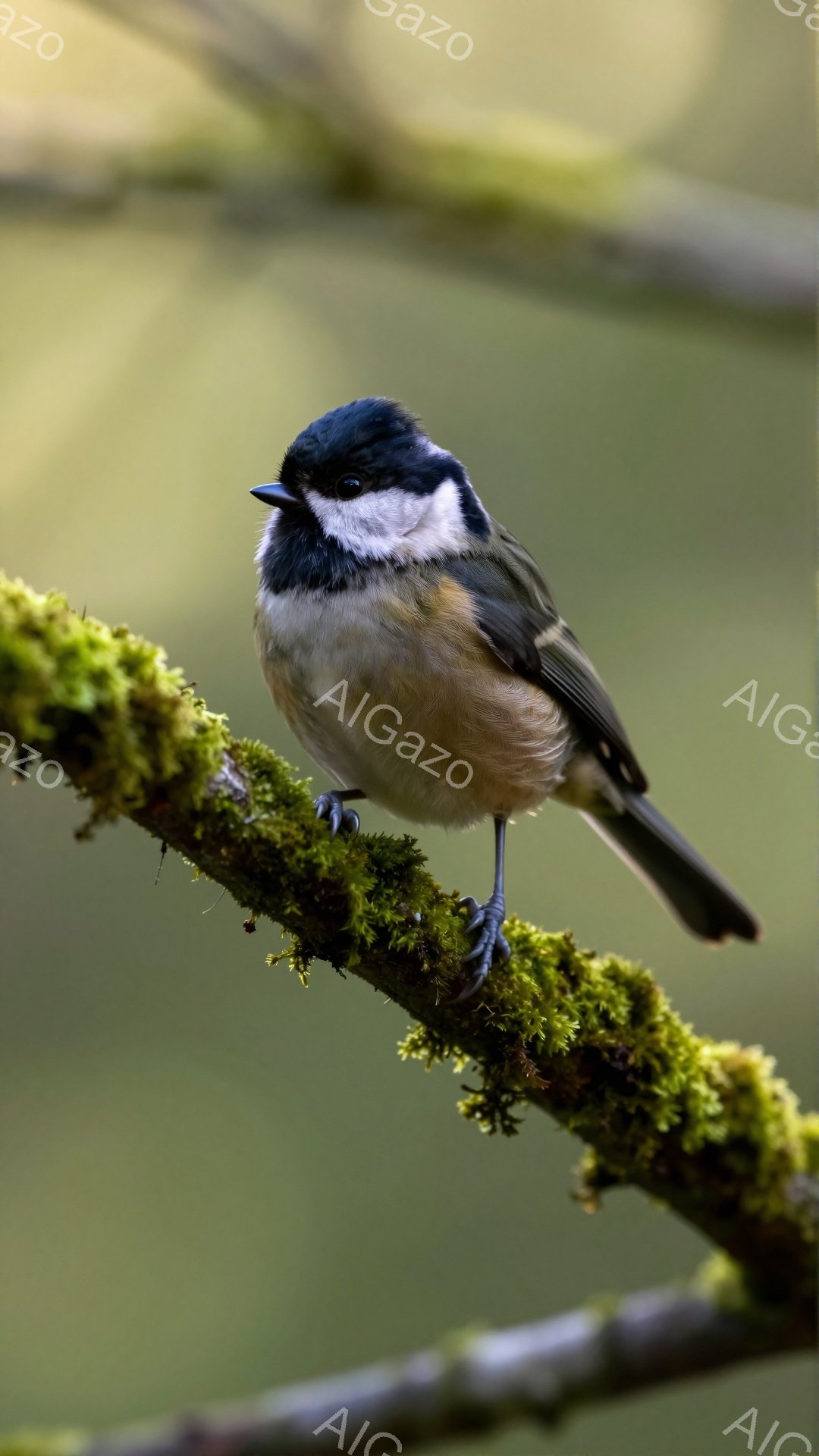 この鳥は、緑の苔が生えた枝にとまっています。白い頬と黒い頭が特徴的で、冬の寒さの中、鮮やかなコントラストが目を引きます。背景はぼやけており、鳥に焦点が当たっています。