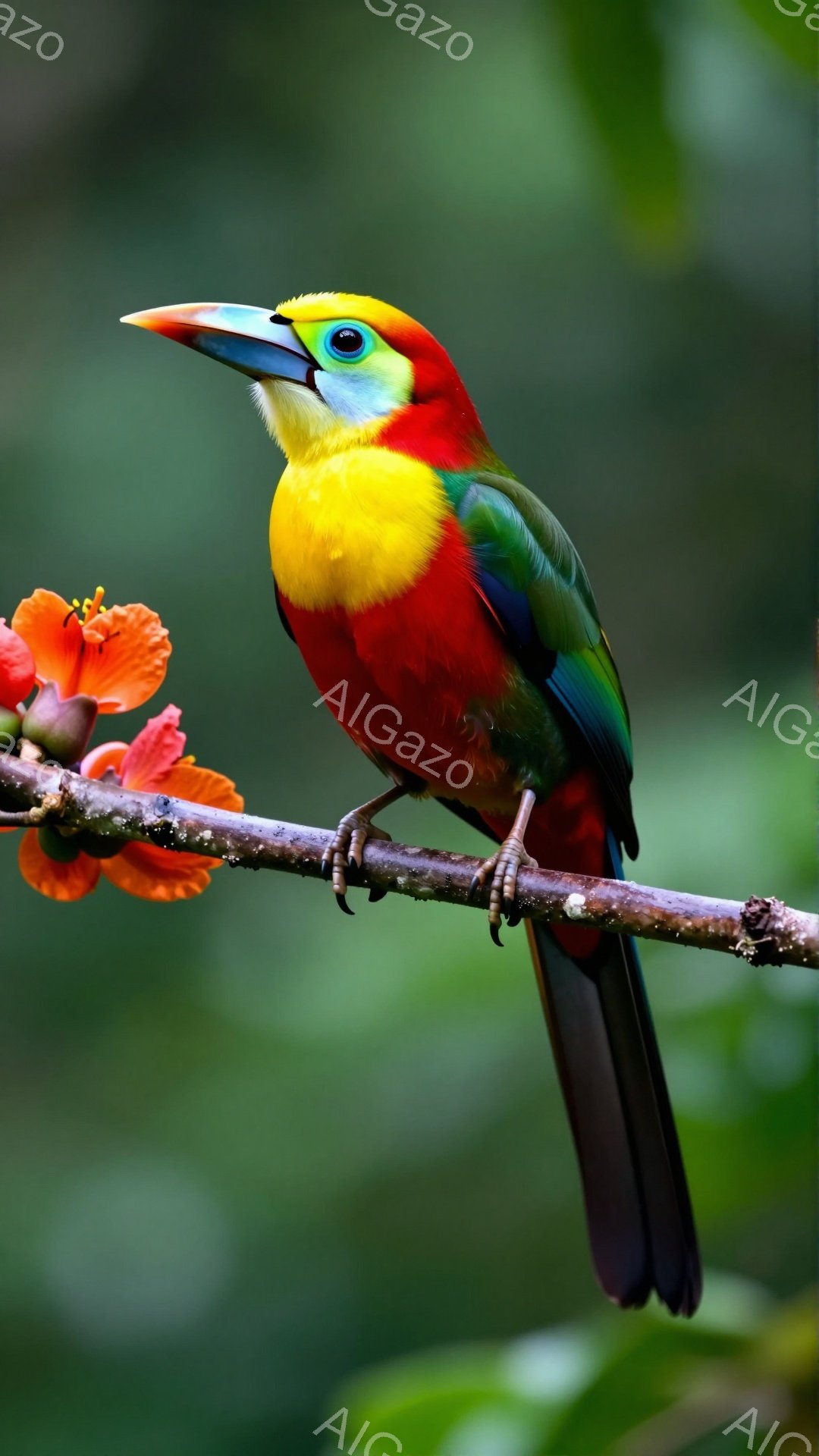 鮮やかな色の鳥が枝に止まっており、赤い頭と背中、黄色の胸、緑色の翼が美しい。背景は緑豊かな植物で、自然の中で生き生きととしている様子が伝わる。鮮やかな色彩と美しい姿は、見る人に安らぎと喜びを与える。