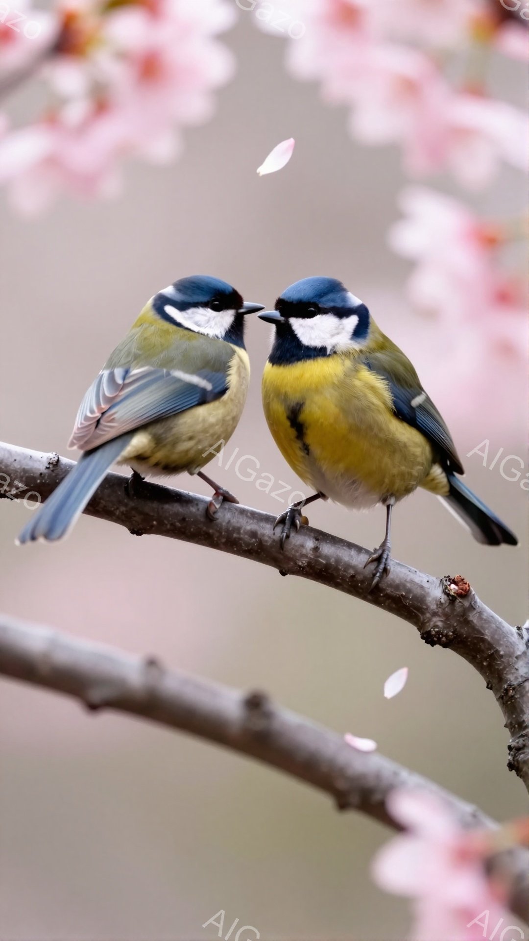 二羽のヤマガラが木の枝に並んでとまっています。ピンク色の花びらが舞い散る春の穏やかな背景が印象的です。鮮やかな青と黄色のコントラストが美しい、可愛らしい姿が捉えられています。