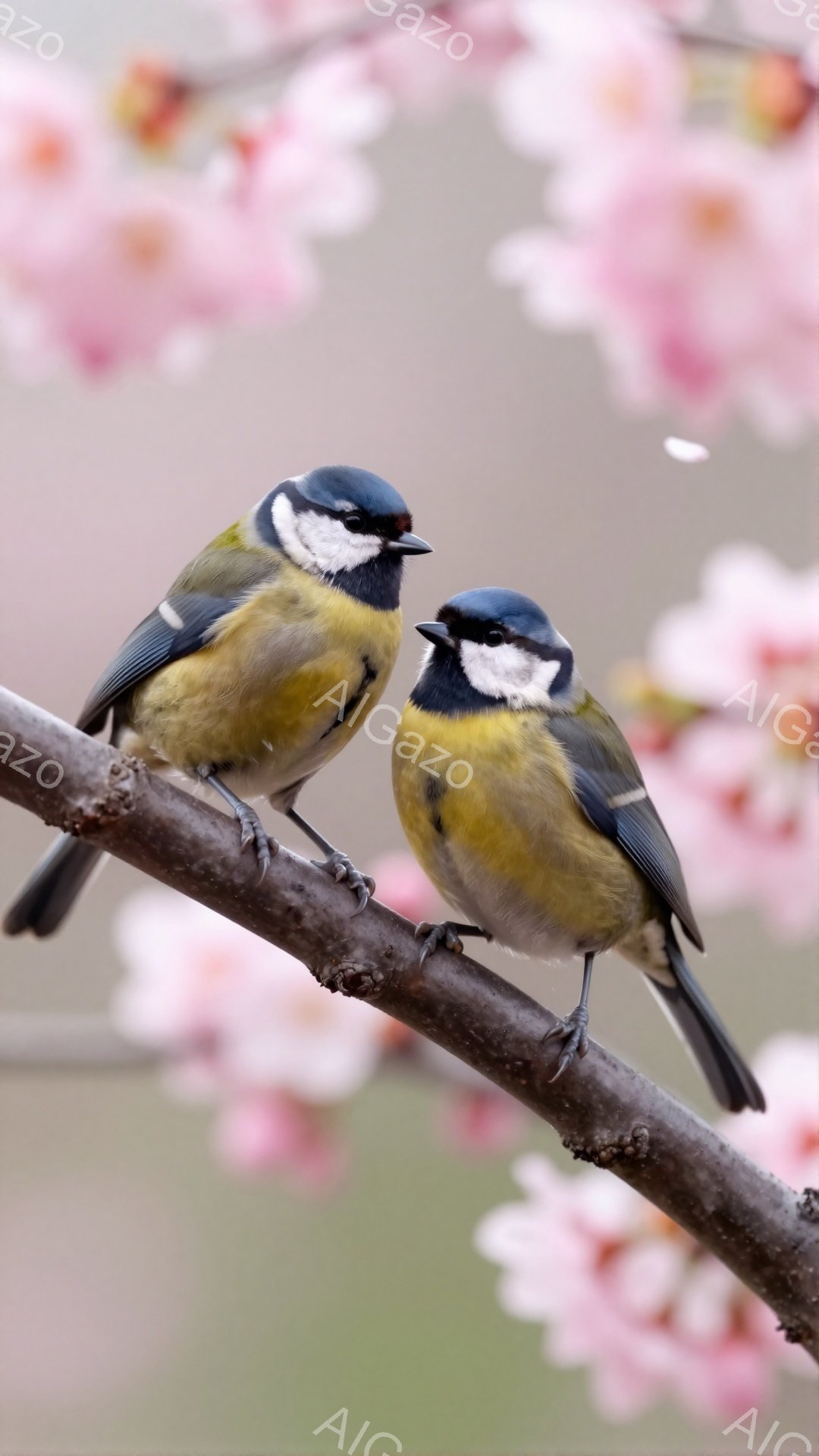 枝に並んでとまっている二羽のヤマガラが描かれている。ピンク色の桜の花が背景にぼやけており、春の穏やかな雰囲気を醸し出している。小鳥たちは鮮やかな青、黄、白の羽毛を持ち、生き生きとしている。