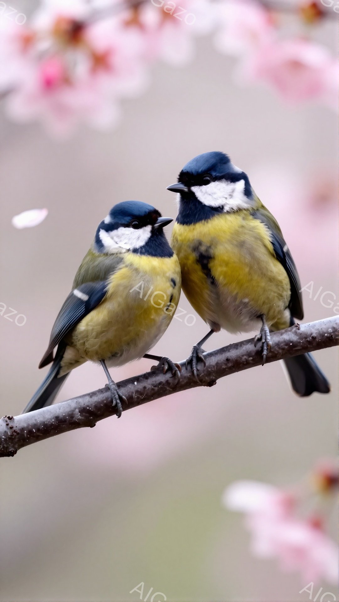 二羽のヒガラが枝にとまって寄り添い合っている。背景にはぼんやりと桜の花びらが舞い、春の穏やかな雰囲気が漂う。明るい日差しが鳥たちの鮮やかな羽色を照らし出している。