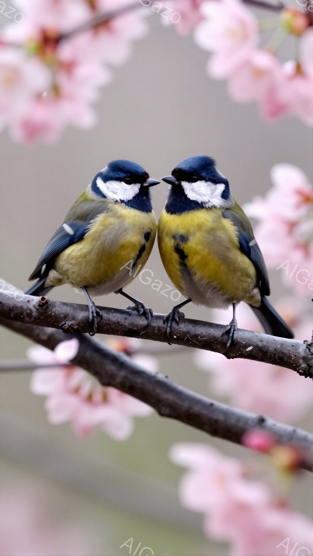 二羽のヒガラが枝にとまって互いに向き合っています。背景には淡いピンク色の桜の花びらが咲き乱れ、春の暖かさを感じさせます。鳥たちは鮮やかな色彩で、可愛らしい姿を見せています。