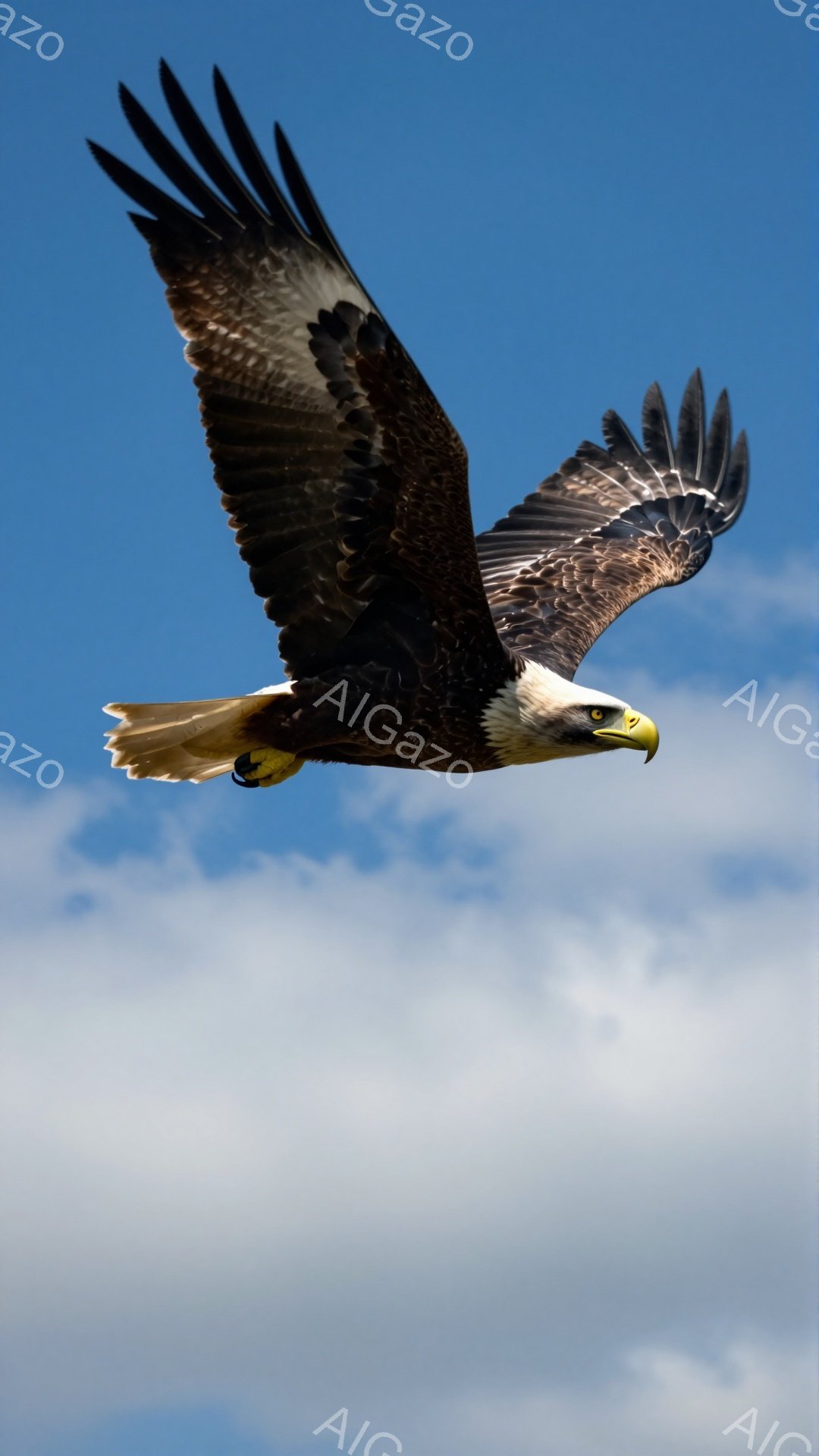 空を飛ぶアメリカハゲワシが写っている。広げた翼は力強く、青い空と白い雲を背景に、その姿は堂々としている。鮮明な目は獲物を捉え、狩りの準備をしているように見える。