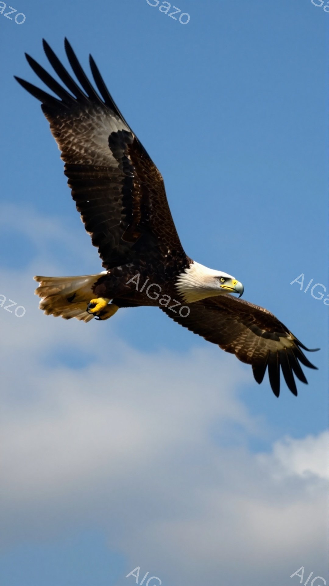 青空を背景に、翼を広げたアメリカハゲワシが力強く飛翔している。白い頭と茶色の体、そして鮮やかな黄色のくちばしと爪が印象的だ。雲がわずかに見え、開放的で雄大な自然の雰囲気が漂う。