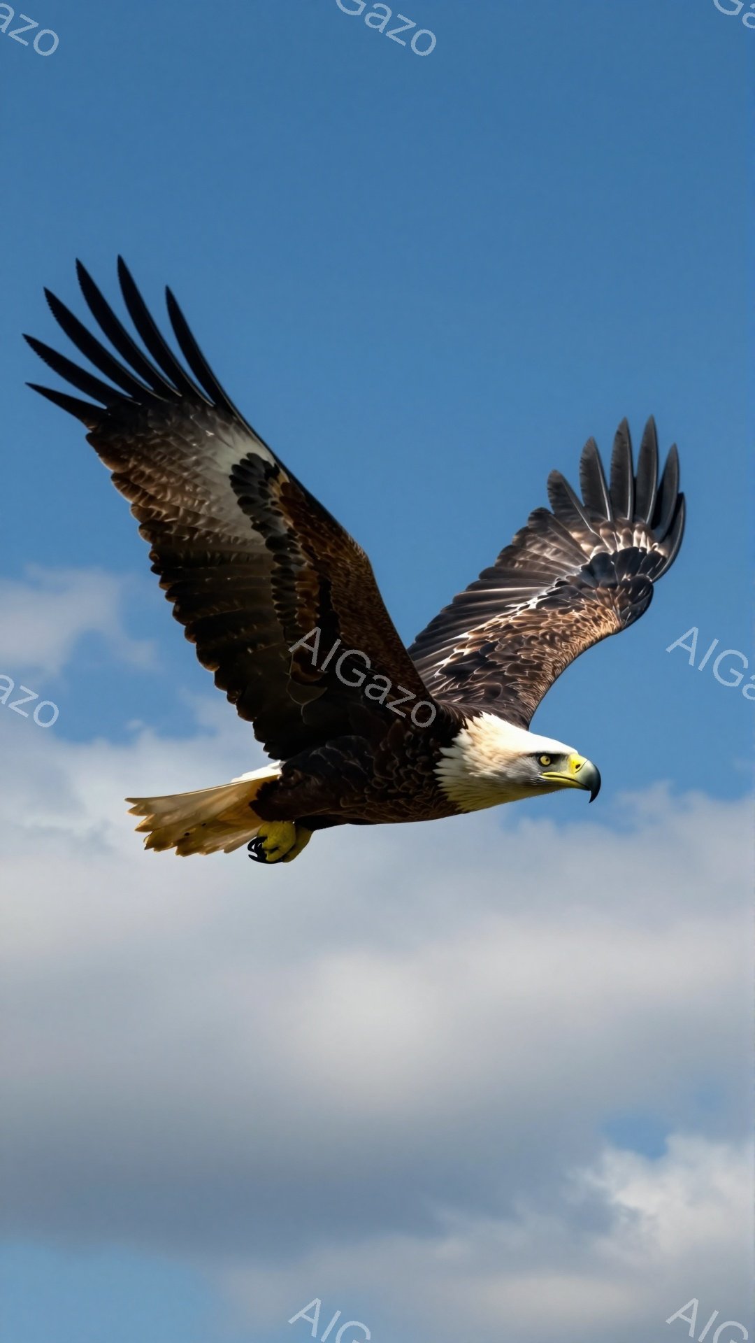 広大な青空を背景に、翼を大きく広げたハクトウワシが力強く飛んでいる。その姿は、鮮やかなコントラストを生み出し、力強さと自由を感じさせる。雲がわずかに見え、雄大な自然の風景の一部となっている。