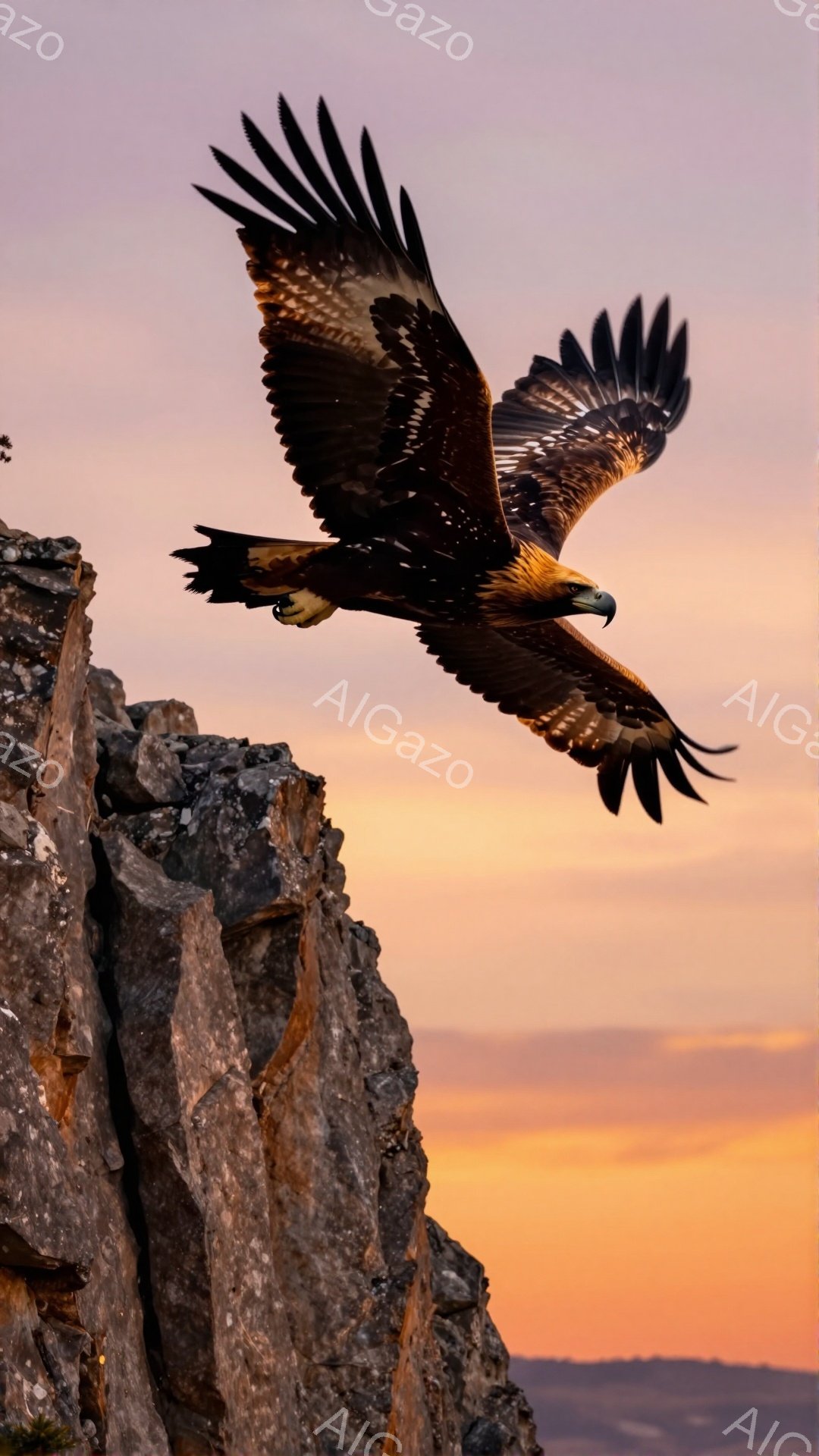 険しい崖の上を、翼を広げた巨大なワシが飛んでいる。夕焼けのオレンジとピンクのグラデーションが空を染め、ワシのシルエットを際立たせている。力強く羽ばたく姿は、自由と力強さを象徴している。 - AI生成フリー素材