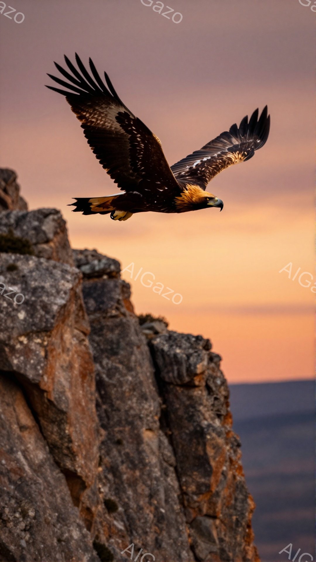 岩山を背景に、翼を広げたワシが空を飛んでいる。夕焼けのオレンジ色の光がワシのシルエットを照らし出し、力強さと自由な雰囲気を醸し出している。背景には、遠くに見える山々と、穏やかな空が広がり、壮大な自然の - AI生成フリー素材