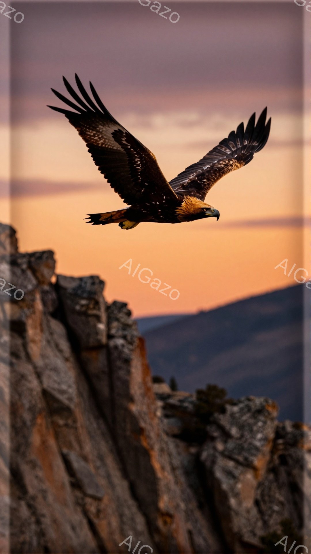 鮮やかなオレンジ色の夕焼けを背景に、巨大な猛禽類が翼を広げて飛んでいる。岩肌は荒々しく、そのコントラストが力強い印象を与える。夕暮れ時の静寂と鳥の自由な飛翔が、壮大な自然の風景を作り出している。 - AI生成フリー素材