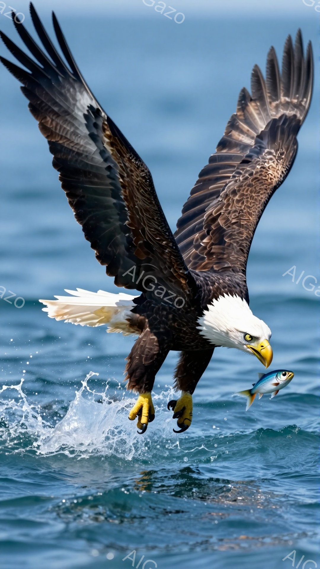 白頭海鷹が獲物を掴んで飛び立っています。水面が波立ち、力強い翼が広げられています。青い海と空が背景に広がり、自然の力強さを感じさせます。