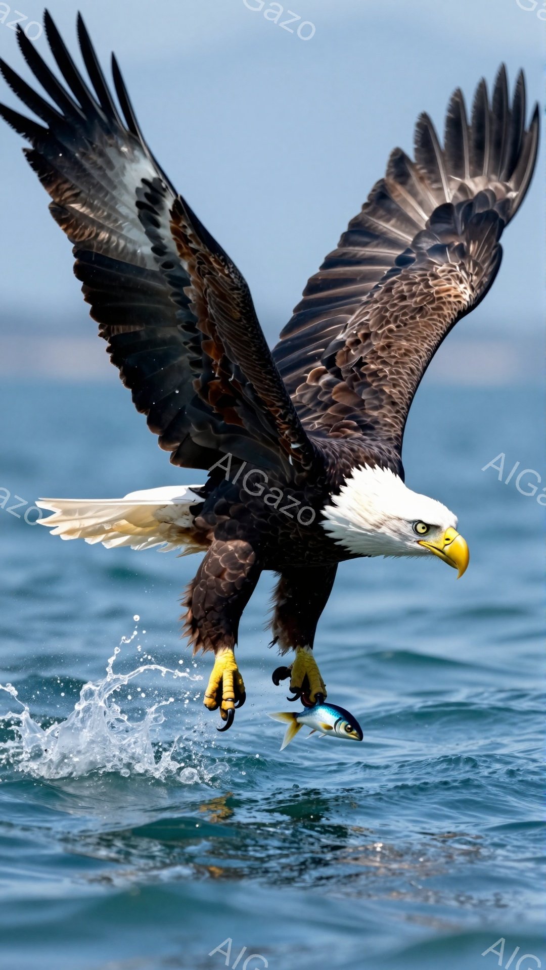 広大な海の上を飛ぶアメリカワシが、獲物の魚を鋭い爪でしっかりと掴んでいます。翼を大きく広げた姿は力強く、海面の水しぶきと相まってダイナミックな瞬間を捉えています。青い空と海のコントラストが、ワシの白頭 - AI生成フリー素材